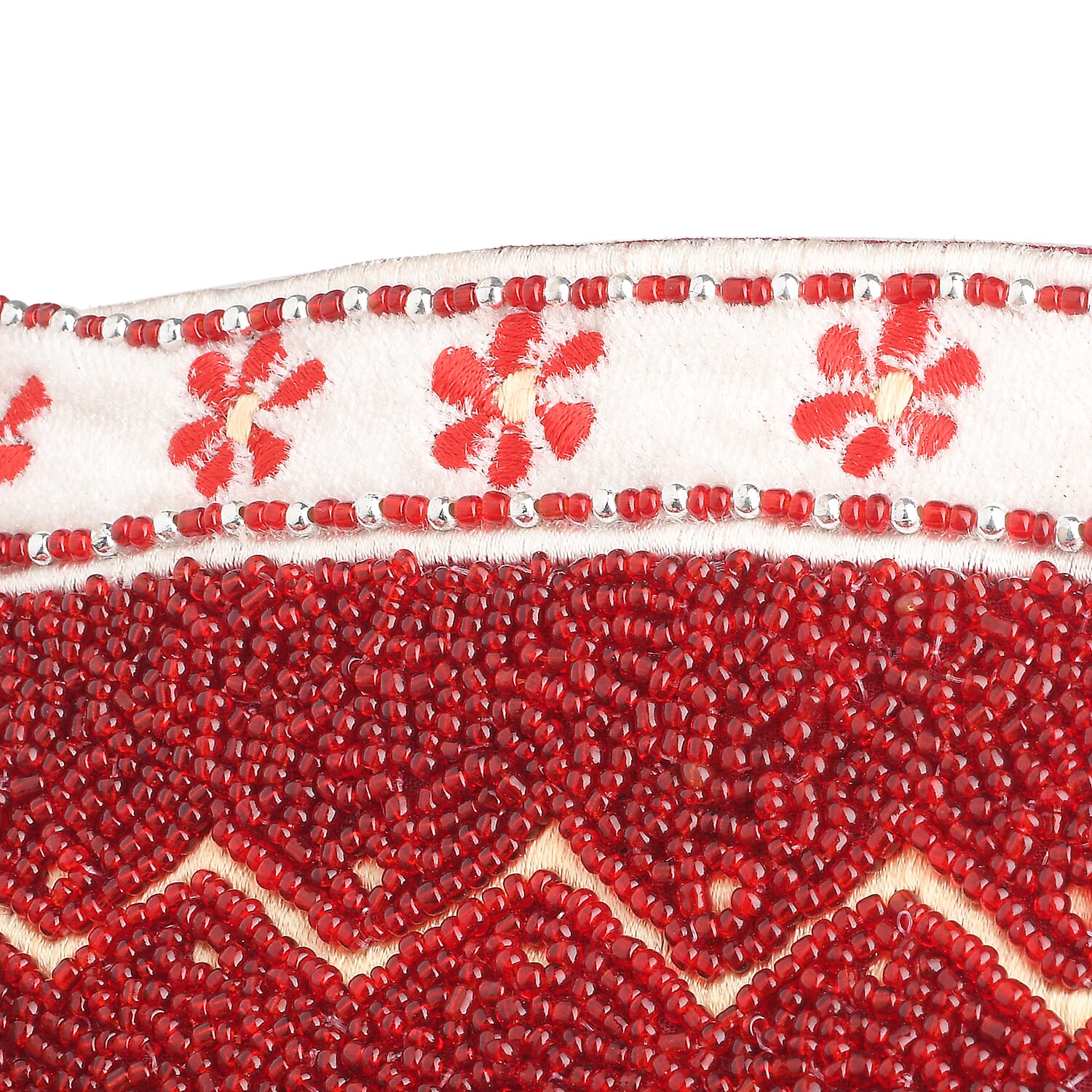 Woollen Hat Beaded Coin Pouch with Keychain (Size 12x17 Cm) - Burgundy & White