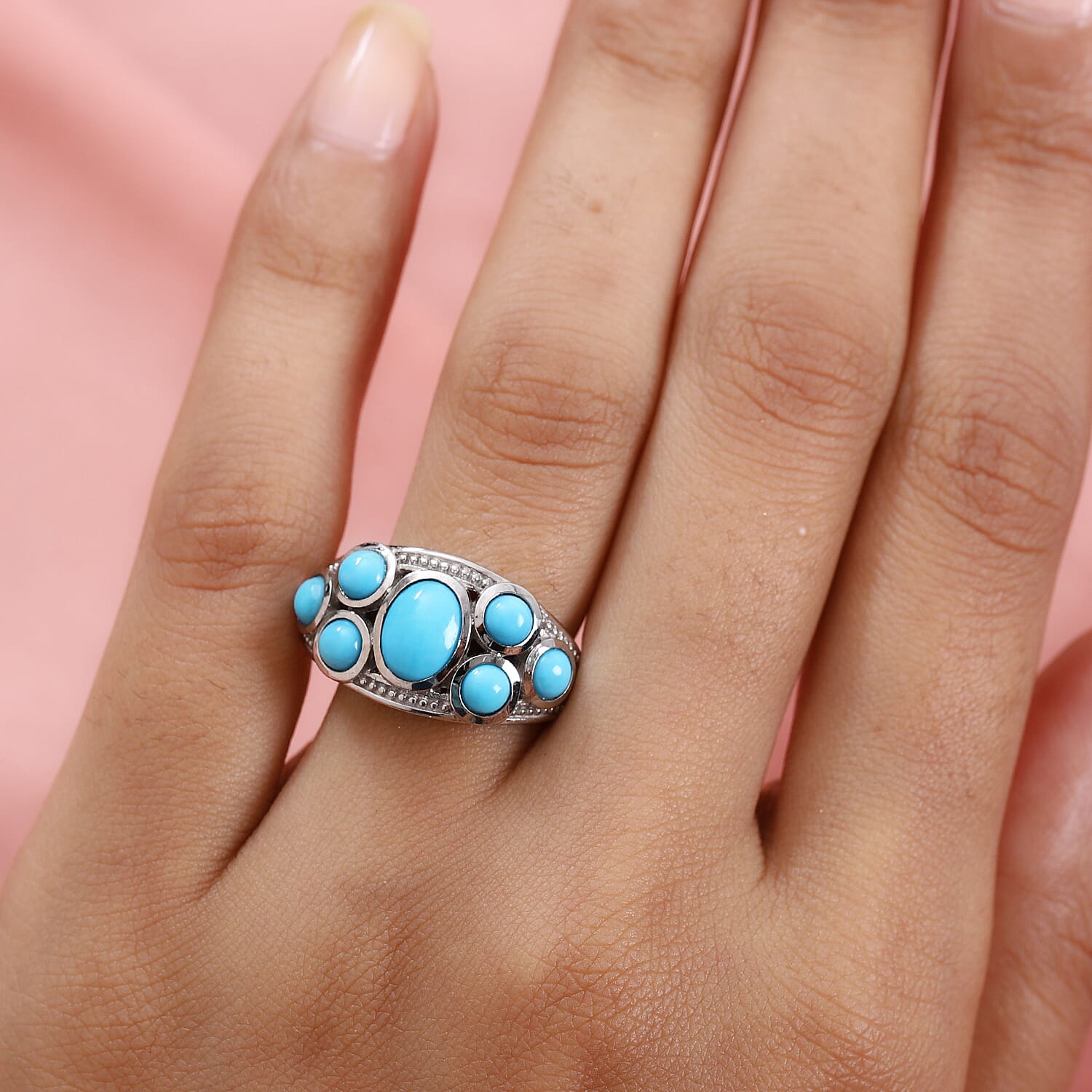 Arizona Sleeping Beauty Turquoise Cluster Ring in Platinum Overlay Sterling Silver 2.32 Ct.