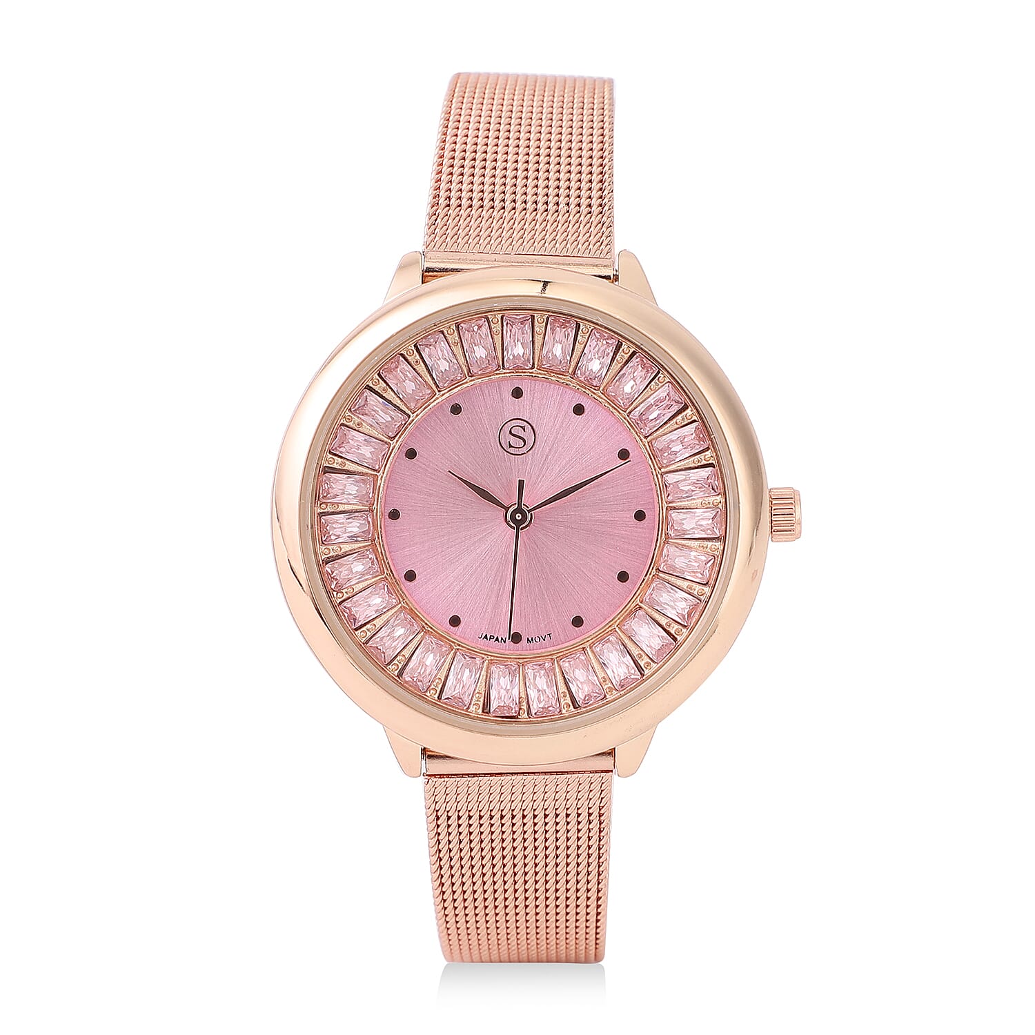 STRADA Japanese Movement Peach Dial Simulated Pink Sapphire Studded Water Resistant Watch with Rose Gold Colour Mesh Belt