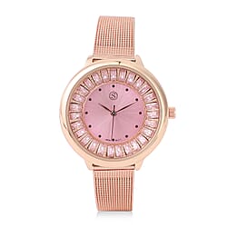STRADA Japanese Movement Peach Dial Simulated Pink Sapphire Studded Water Resistant Watch with Rose Gold Colour Mesh Belt