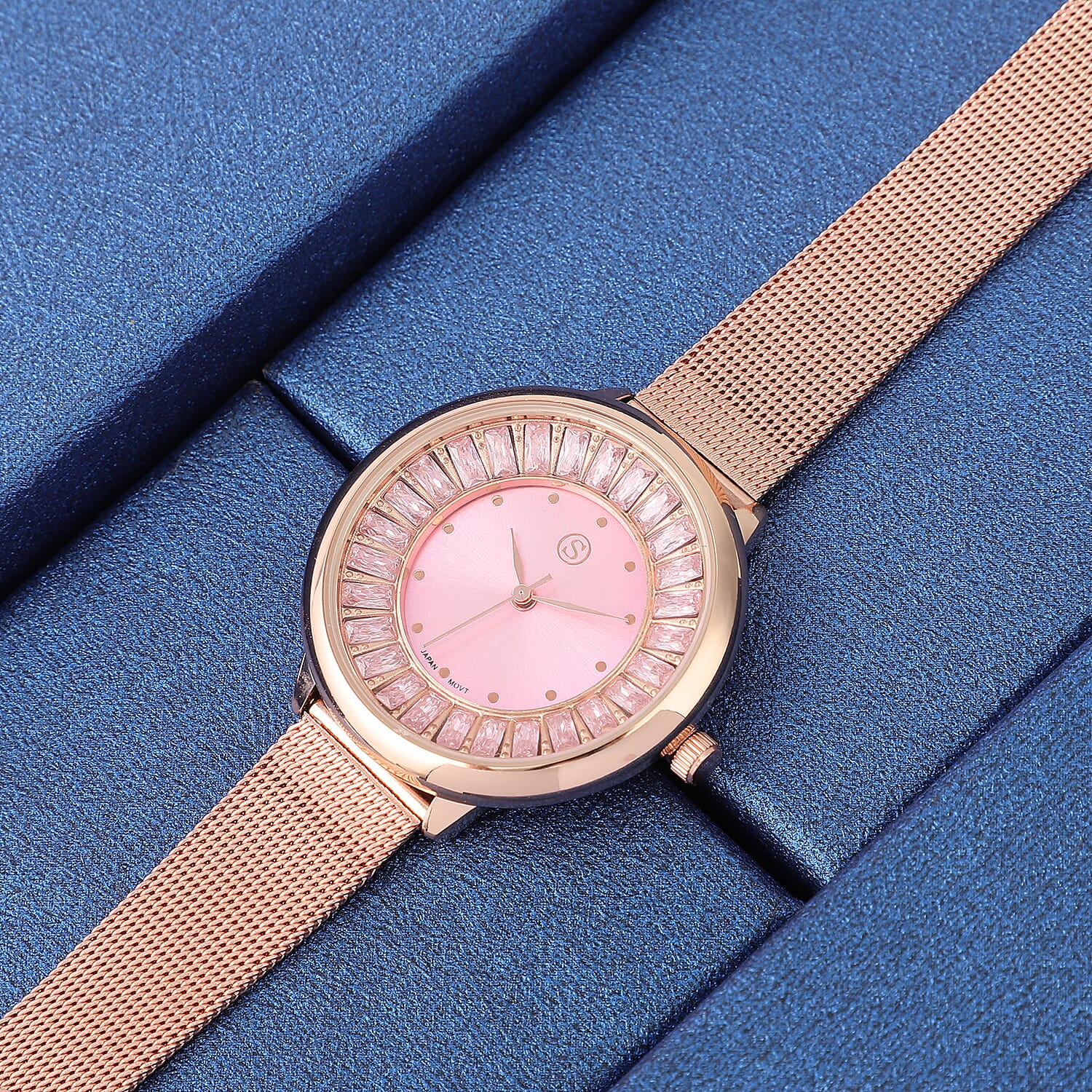 STRADA Japanese Movement Peach Dial Simulated Pink Sapphire Studded Water Resistant Watch with Rose Gold Colour Mesh Belt