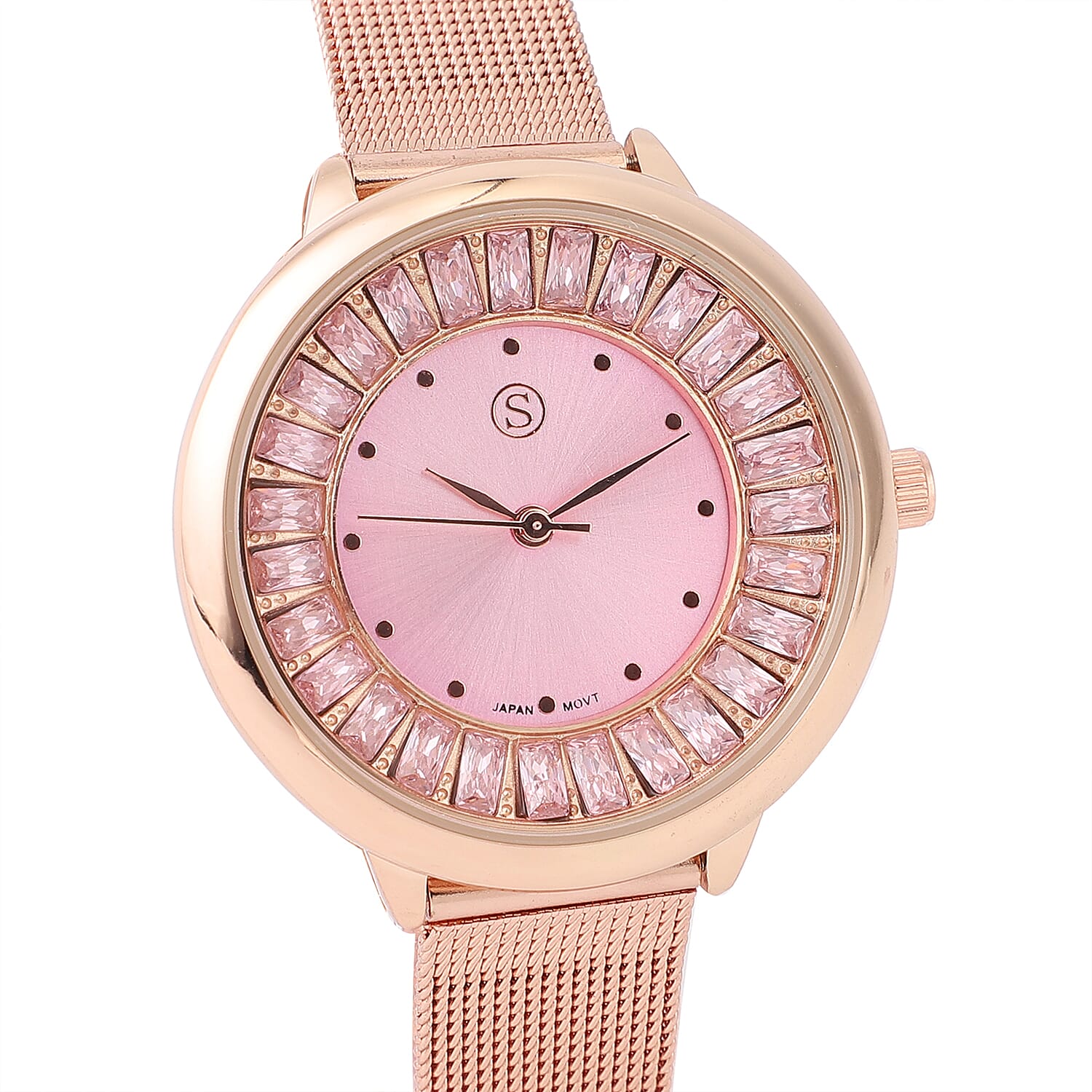 STRADA Japanese Movement Peach Dial Simulated Pink Sapphire Studded Water Resistant Watch with Rose Gold Colour Mesh Belt