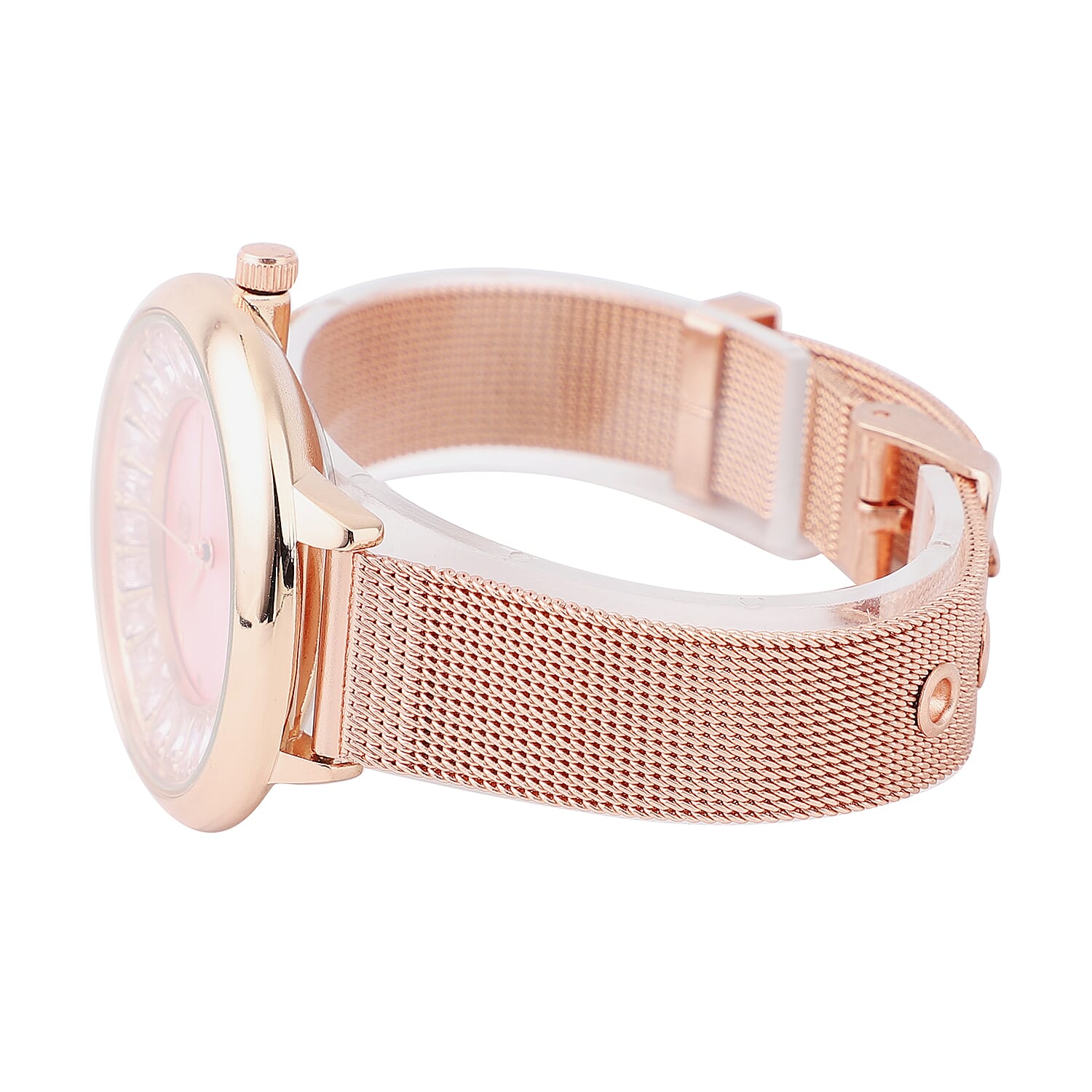 STRADA Japanese Movement Peach Dial Simulated Pink Sapphire Studded Water Resistant Watch with Rose Gold Colour Mesh Belt