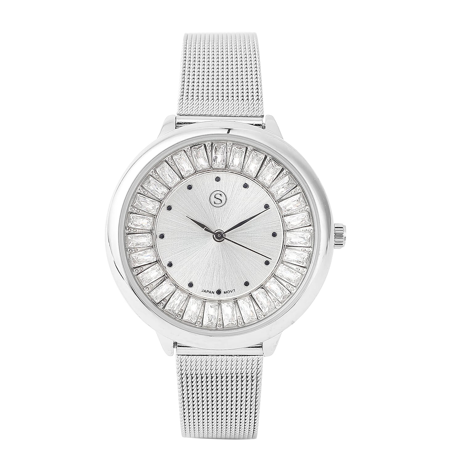STRADA Japanese Movement Silver Dial Simulated Diamond Studded Water Resistant Watch with Silver Colour Mesh Belt