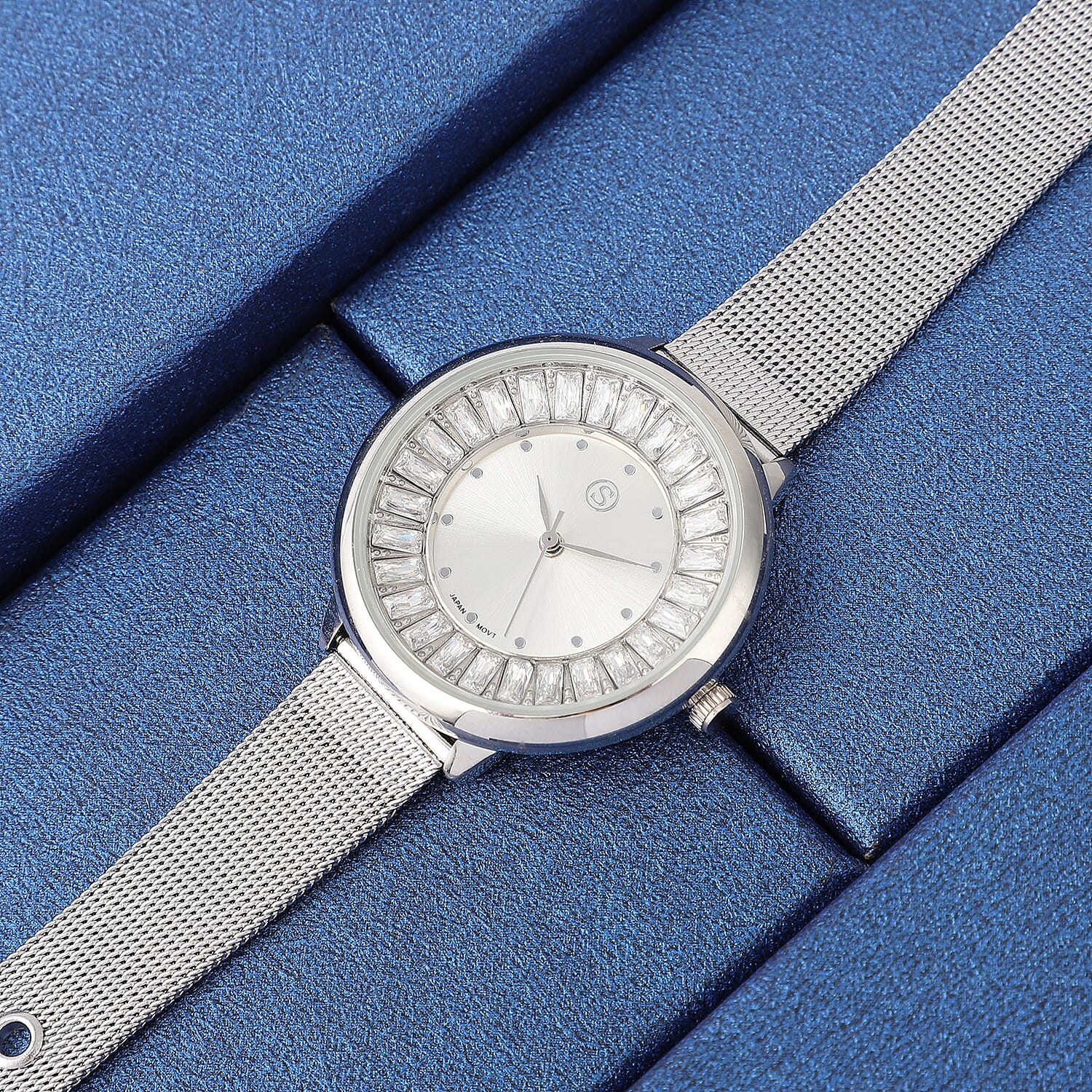 STRADA Japanese Movement Silver Dial Simulated Diamond Studded Water Resistant Watch with Silver Colour Mesh Belt