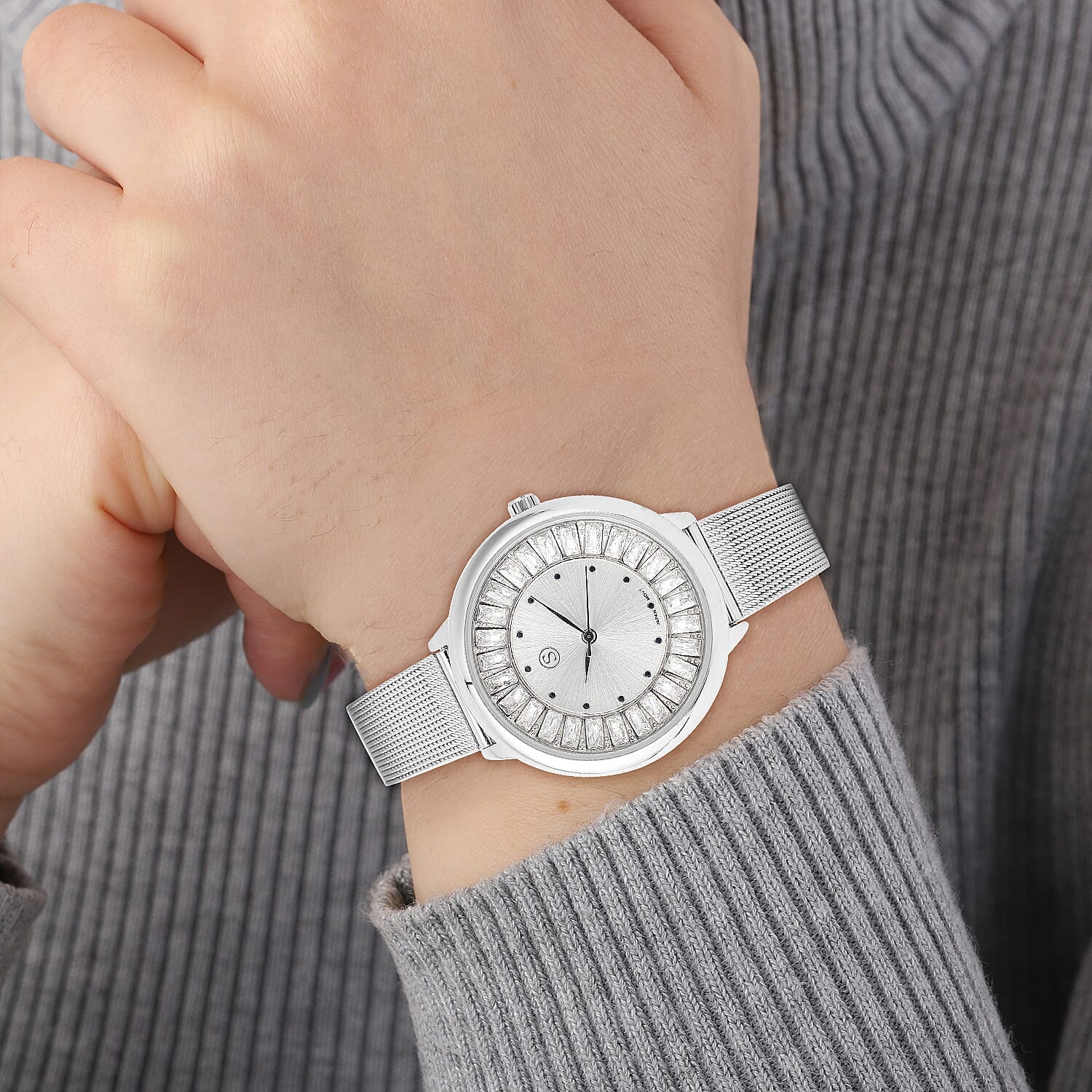 STRADA Japanese Movement Silver Dial Simulated Diamond Studded Water Resistant Watch with Silver Colour Mesh Belt