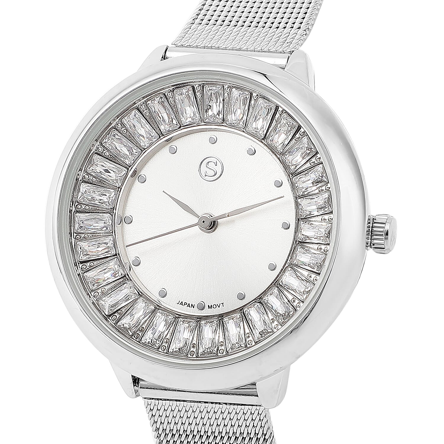 STRADA Japanese Movement Silver Dial Simulated Diamond Studded Water Resistant Watch with Silver Colour Mesh Belt