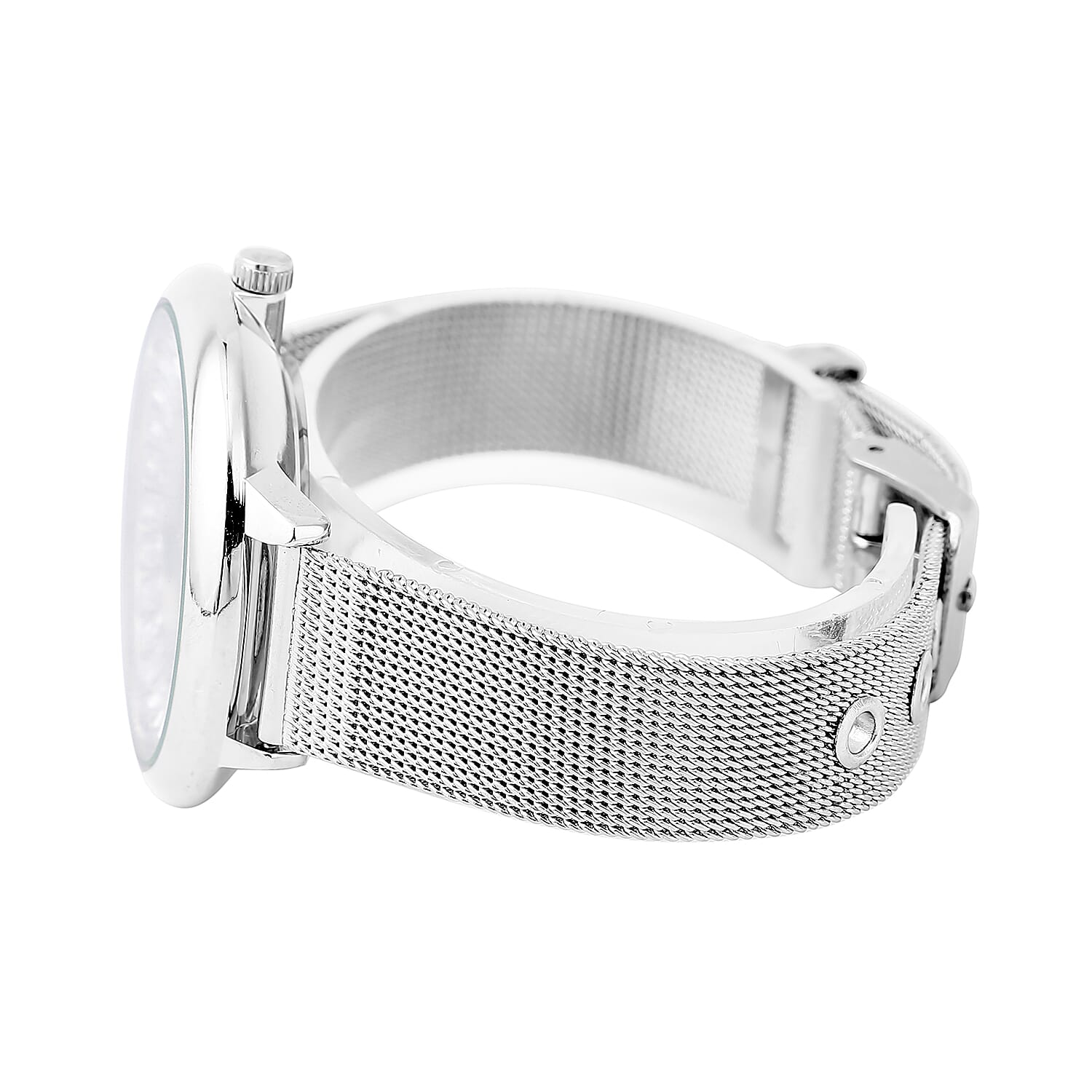STRADA Japanese Movement Silver Dial Simulated Diamond Studded Water Resistant Watch with Silver Colour Mesh Belt