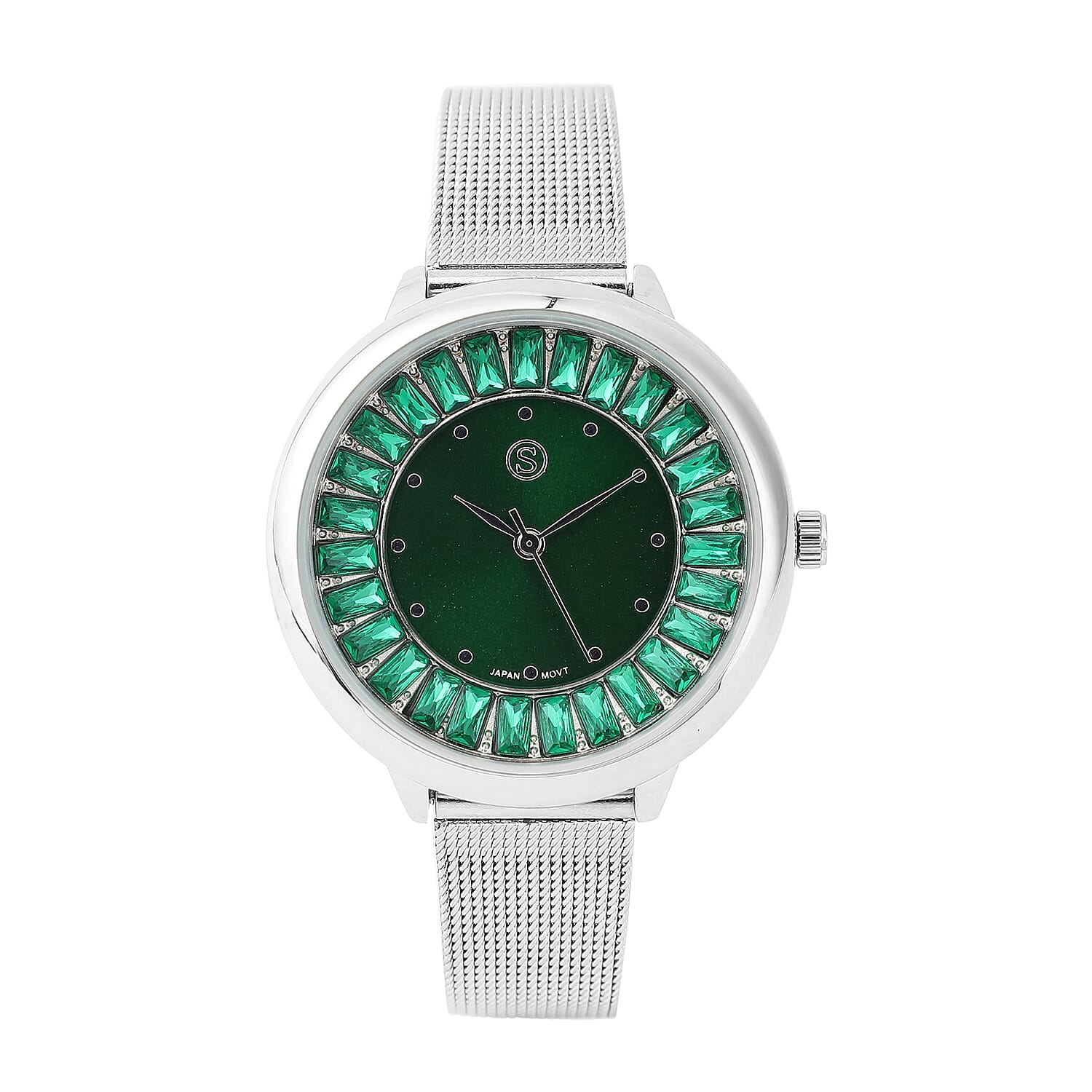 STRADA Japanese Movement Dark Green Dial Simulated Emerald Studded Water Resistant Watch with Silver Colour Mesh Belt