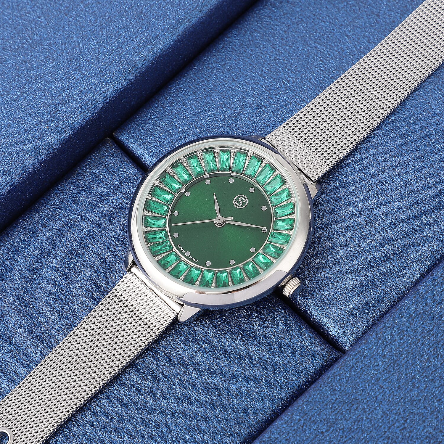 STRADA Japanese Movement Dark Green Dial Simulated Emerald Studded Water Resistant Watch with Silver Colour Mesh Belt