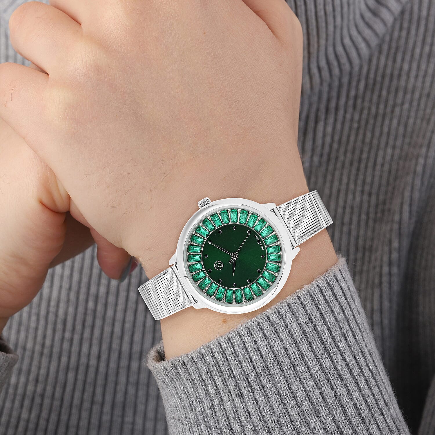 STRADA Japanese Movement Dark Green Dial Simulated Emerald Studded Water Resistant Watch with Silver Colour Mesh Belt