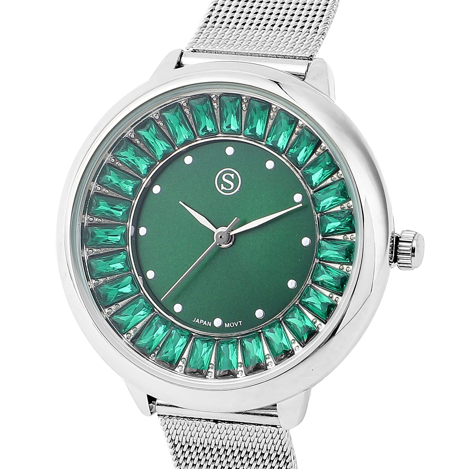 STRADA Japanese Movement Dark Green Dial Simulated Emerald Studded Water Resistant Watch with Silver Colour Mesh Belt