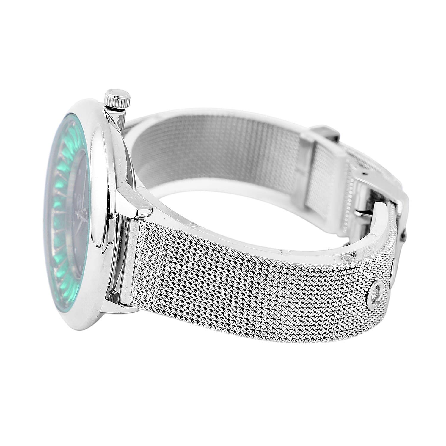 STRADA Japanese Movement Dark Green Dial Simulated Emerald Studded Water Resistant Watch with Silver Colour Mesh Belt