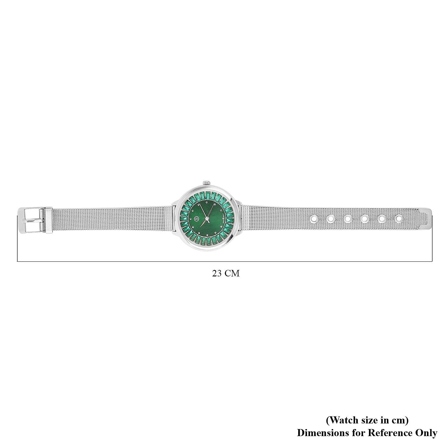 STRADA Japanese Movement Dark Green Dial Simulated Emerald Studded Water Resistant Watch with Silver Colour Mesh Belt