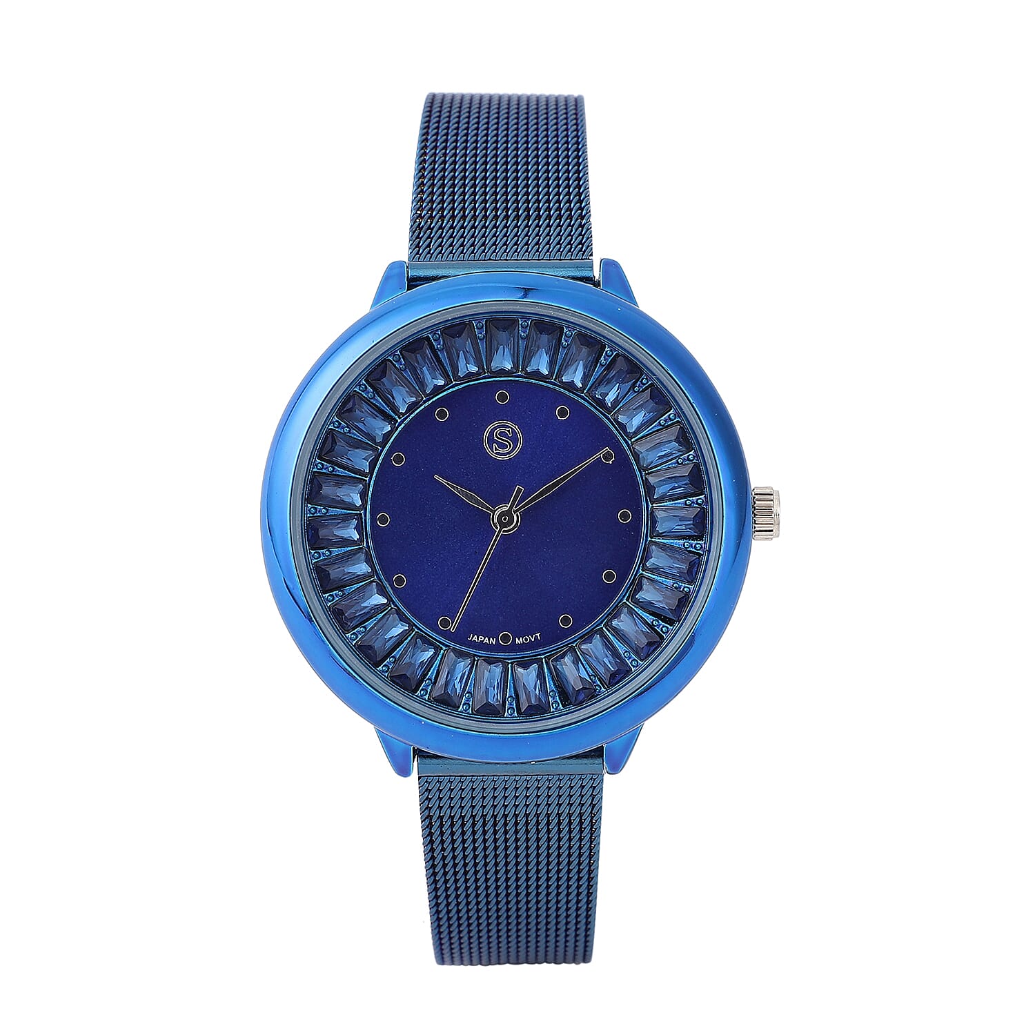 STRADA Japanese Movement Blue Dial Simulated Blue Sapphire Studded Water Resistant Watch with Blue Colour Mesh Belt