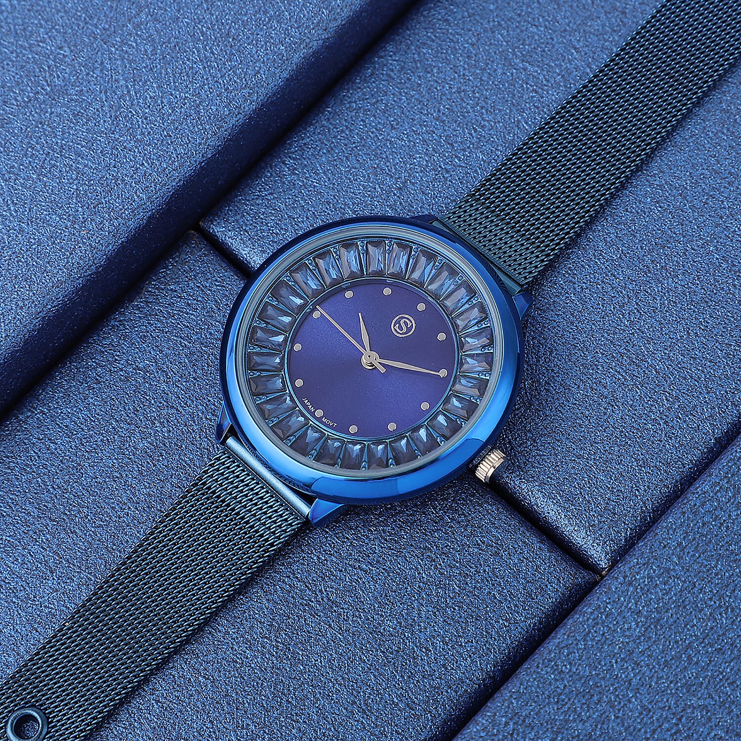 STRADA Japanese Movement Blue Dial Simulated Blue Sapphire Studded Water Resistant Watch with Blue Colour Mesh Belt