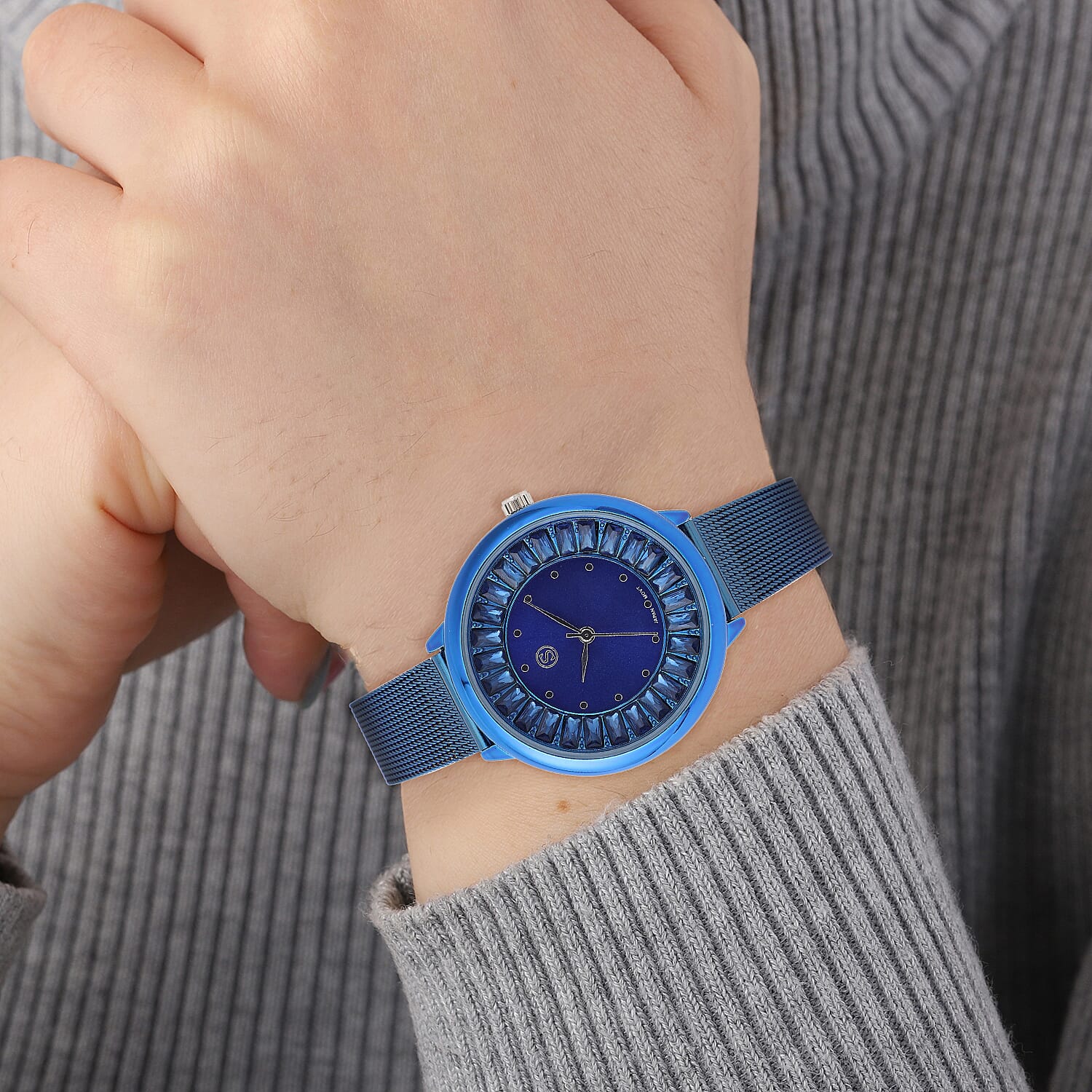 STRADA Japanese Movement Blue Dial Simulated Blue Sapphire Studded Water Resistant Watch with Blue Colour Mesh Belt