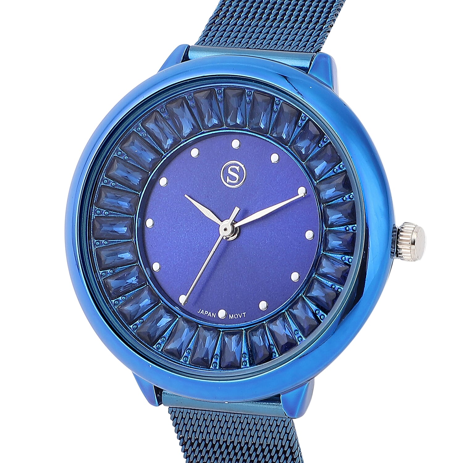 STRADA Japanese Movement Blue Dial Simulated Blue Sapphire Studded Water Resistant Watch with Blue Colour Mesh Belt