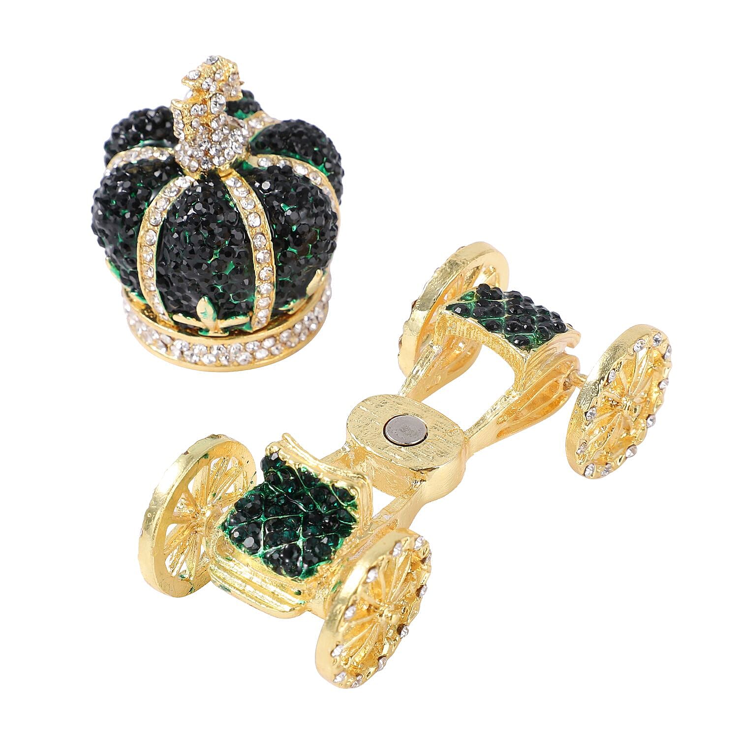 White and Green Austrian Crystal Carriage Jewellery Box (Size 8x7 Cm) - Green