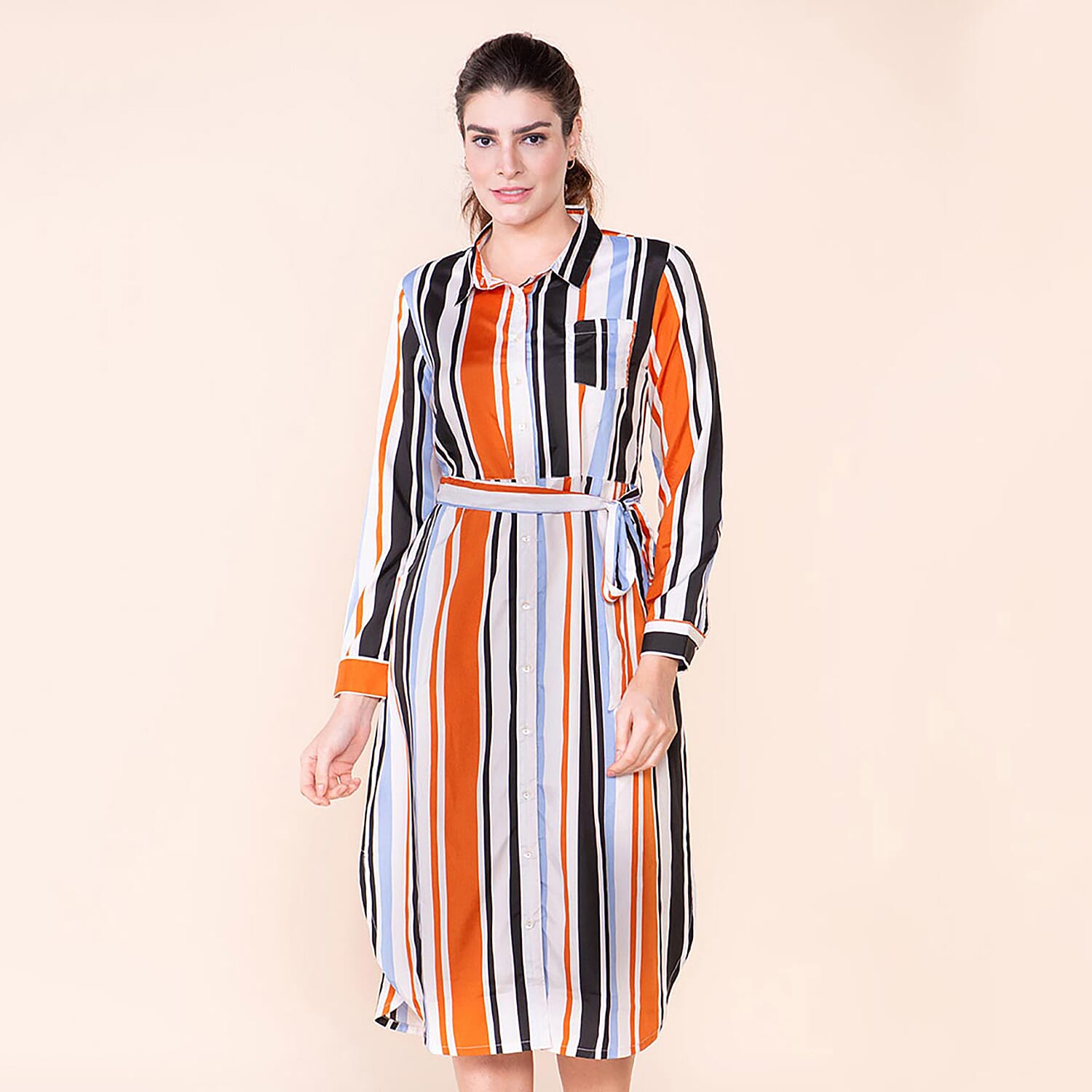 TAMSY Stripe Pattern Crepe Shirt (Size 8) - Black & Brown