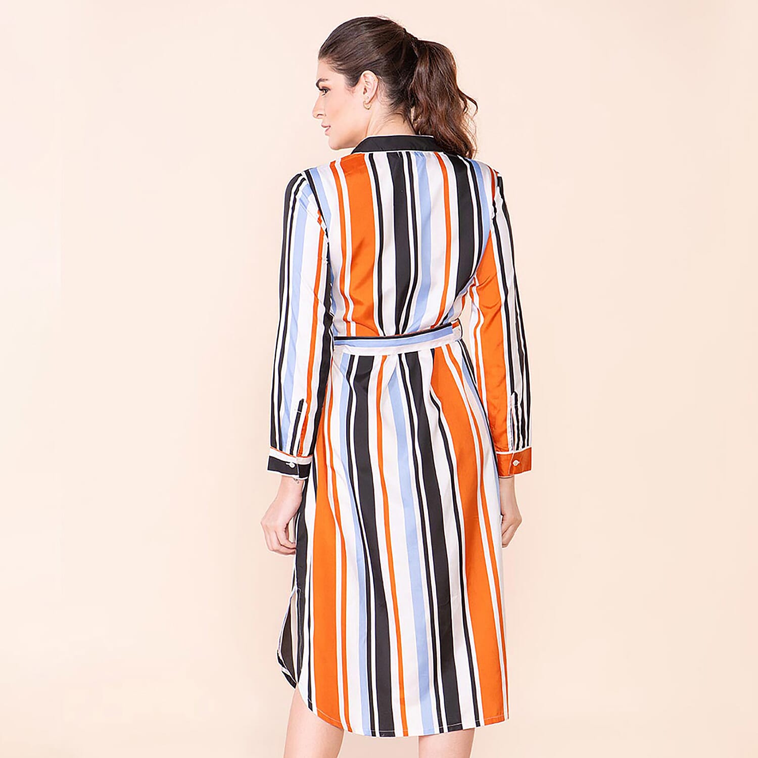 TAMSY Stripe Pattern Crepe Shirt (Size 8) - Black & Brown