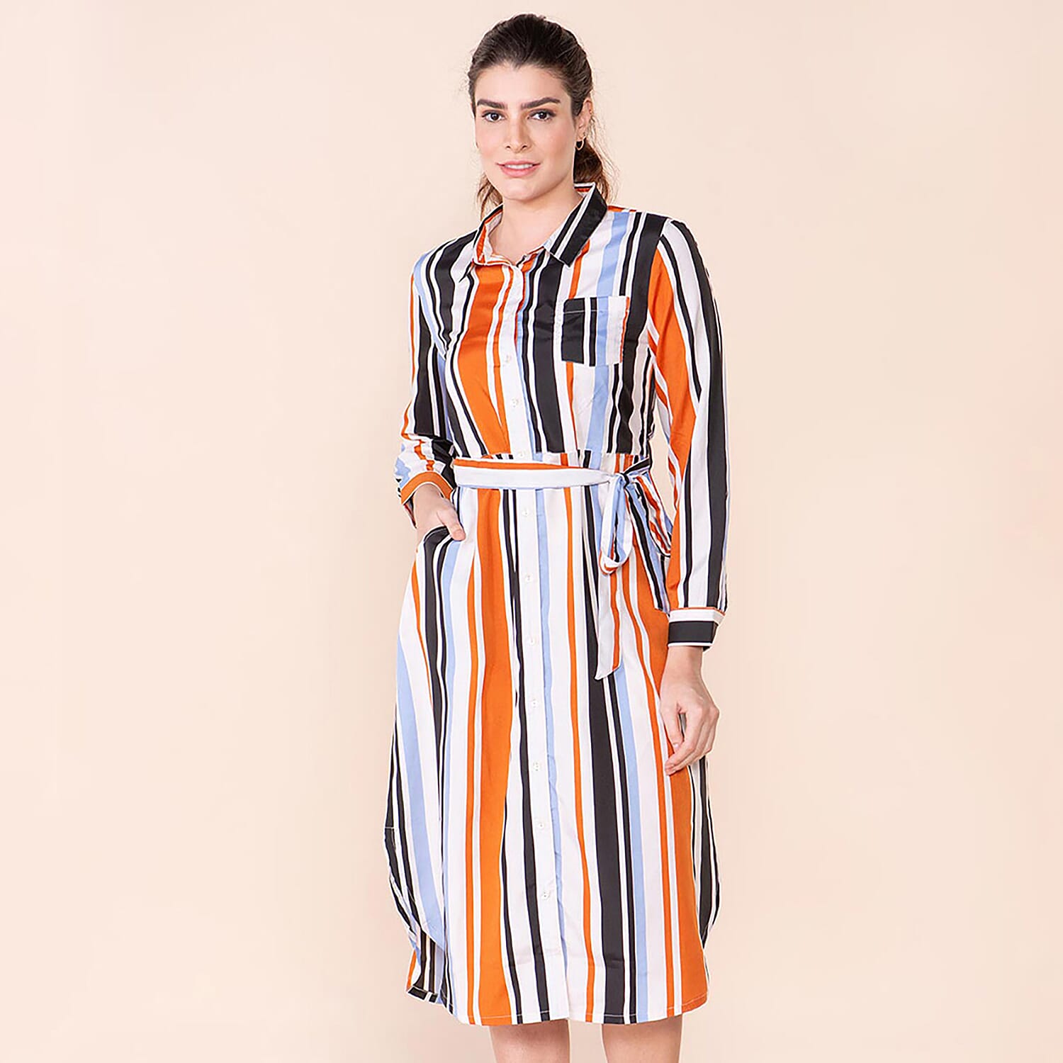 TAMSY Stripe Pattern Crepe Shirt (Size 8) - Black & Brown