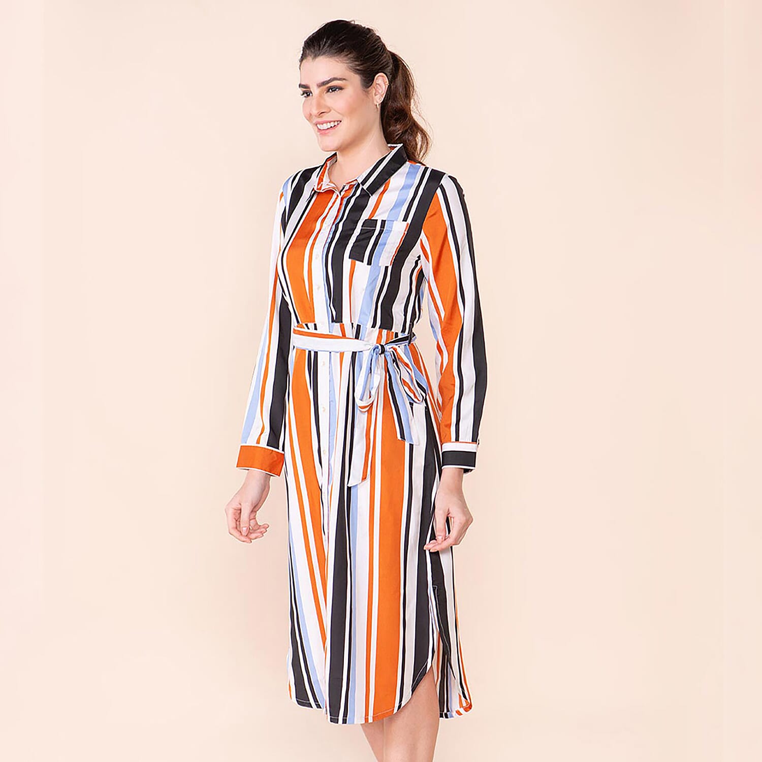 TAMSY Stripe Pattern Crepe Shirt (Size 8) - Black & Brown