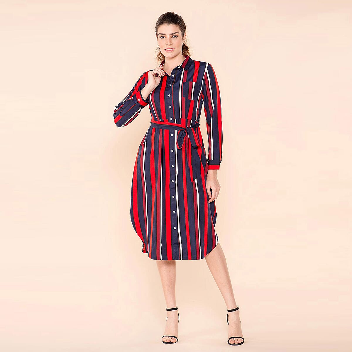 TAMSY Stripe Pattern Crepe Shirt (Size 8) - Black & Brown