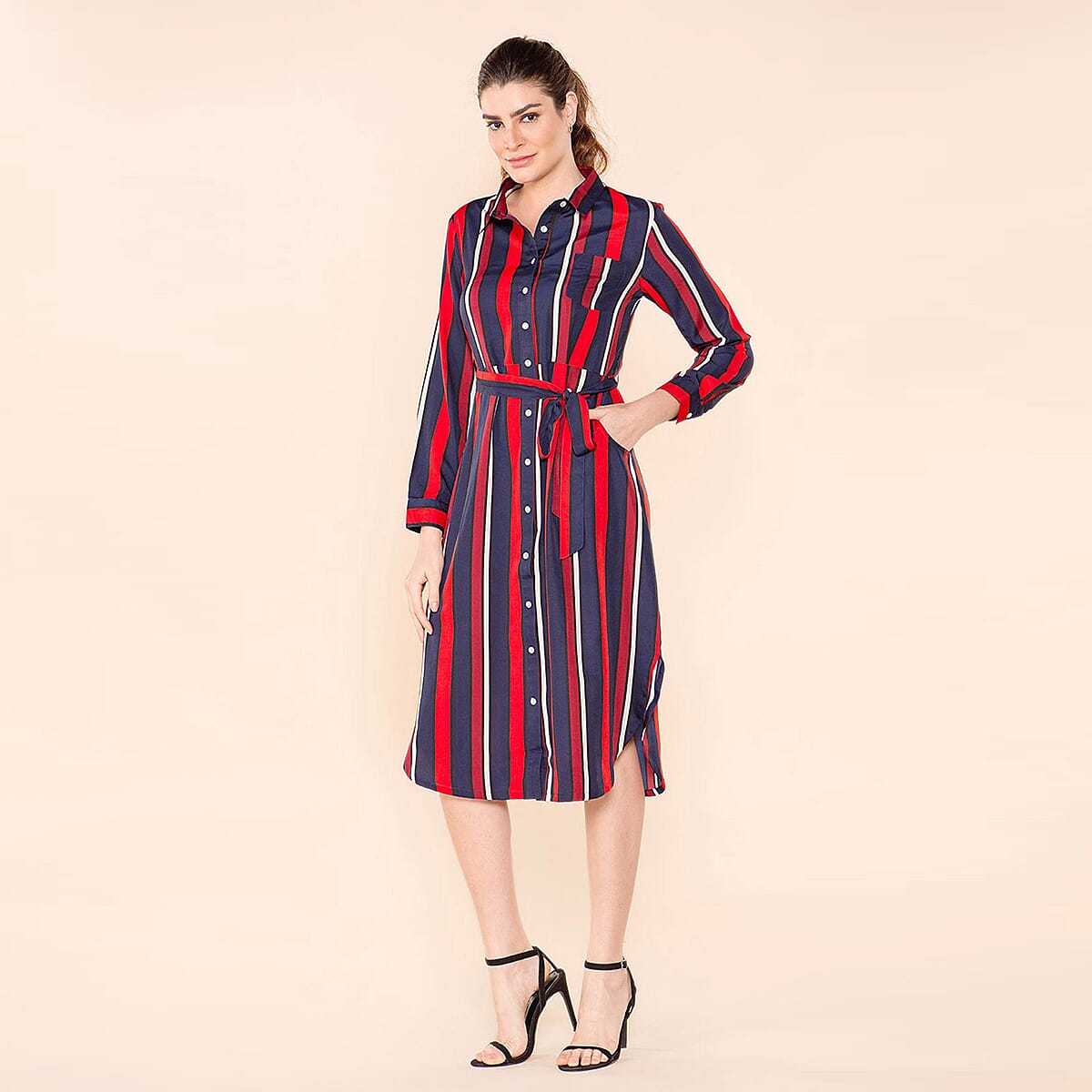 TAMSY Stripe Pattern Crepe Shirt (Size 8) - Black & Brown