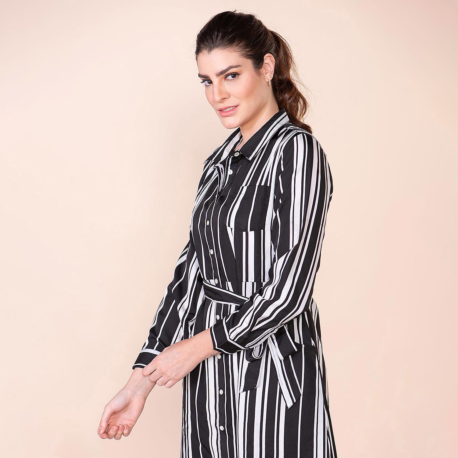TAMSY Stripe Pattern Crepe Shirt (Size 8) - Black & Brown
