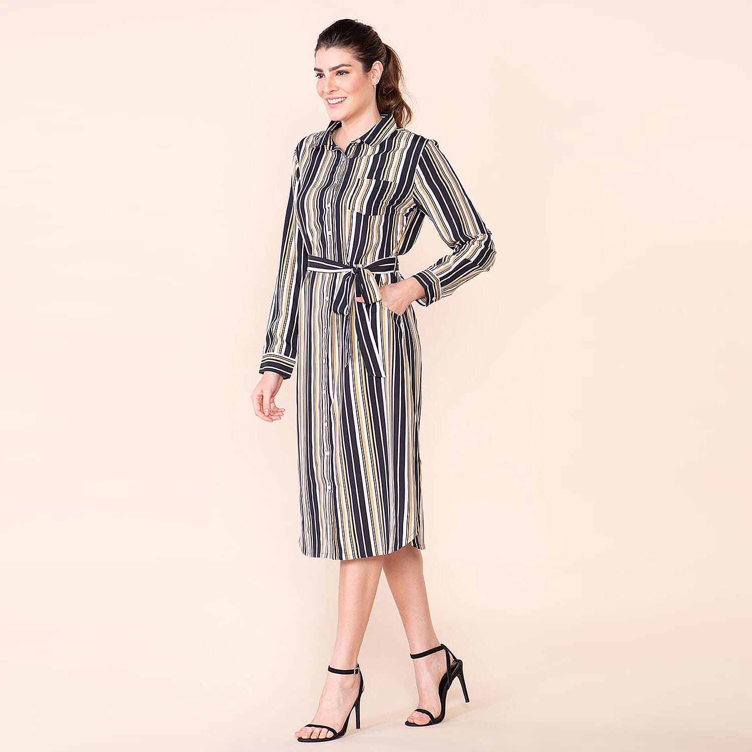 TAMSY Stripe Pattern Crepe Shirt (Size 8) - Black & Brown