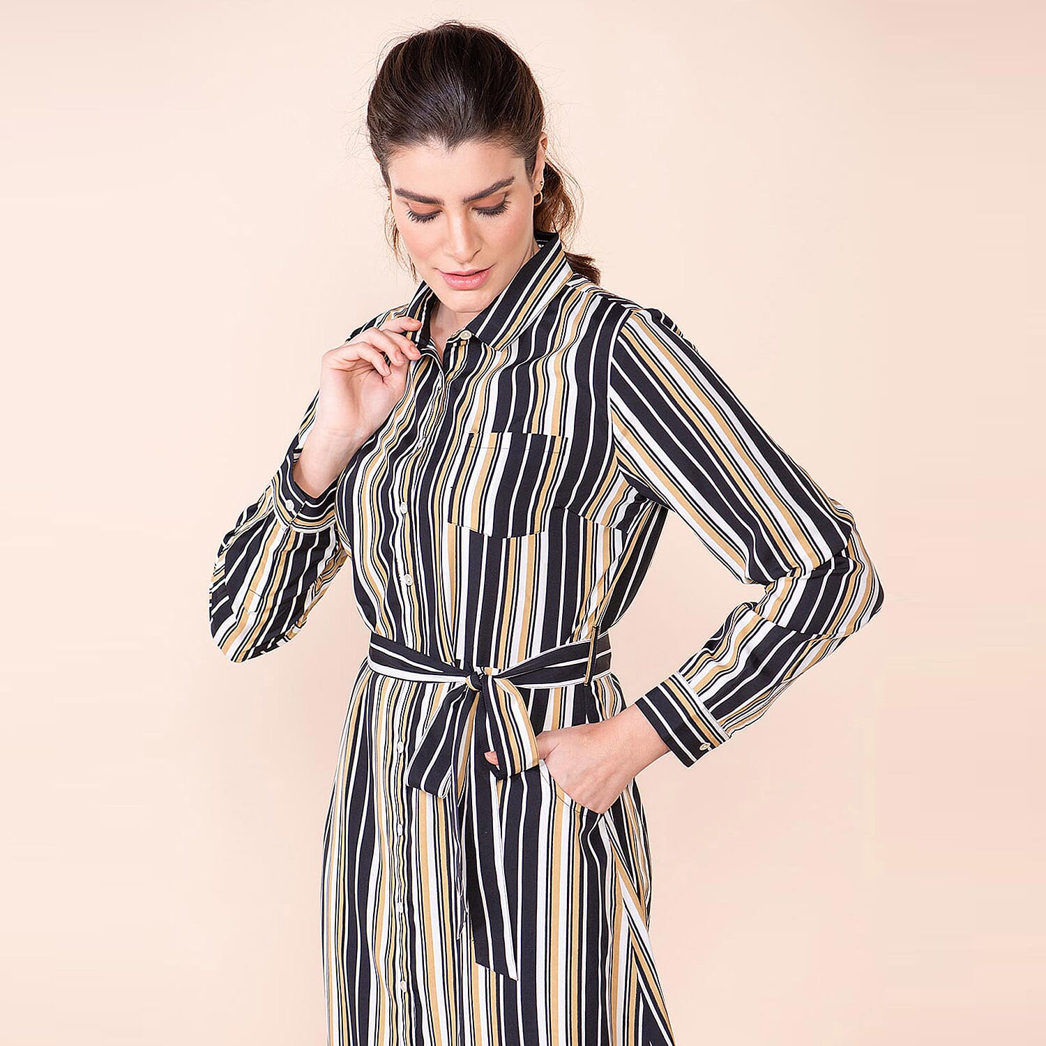 TAMSY Stripe Pattern Crepe Shirt (Size 8) - Black & Brown