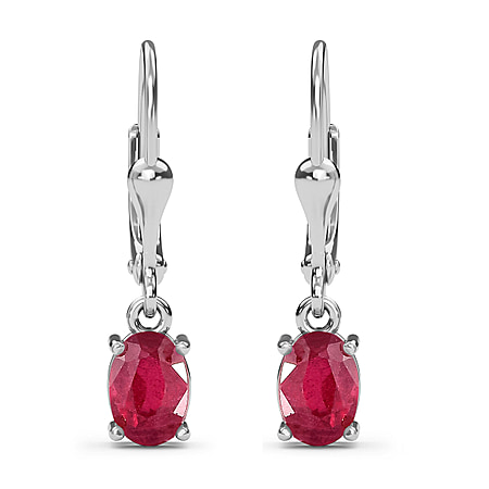 1.45 Carat African Ruby Solitaire Dangle Earrings in Platinum Plated Sterling Silver