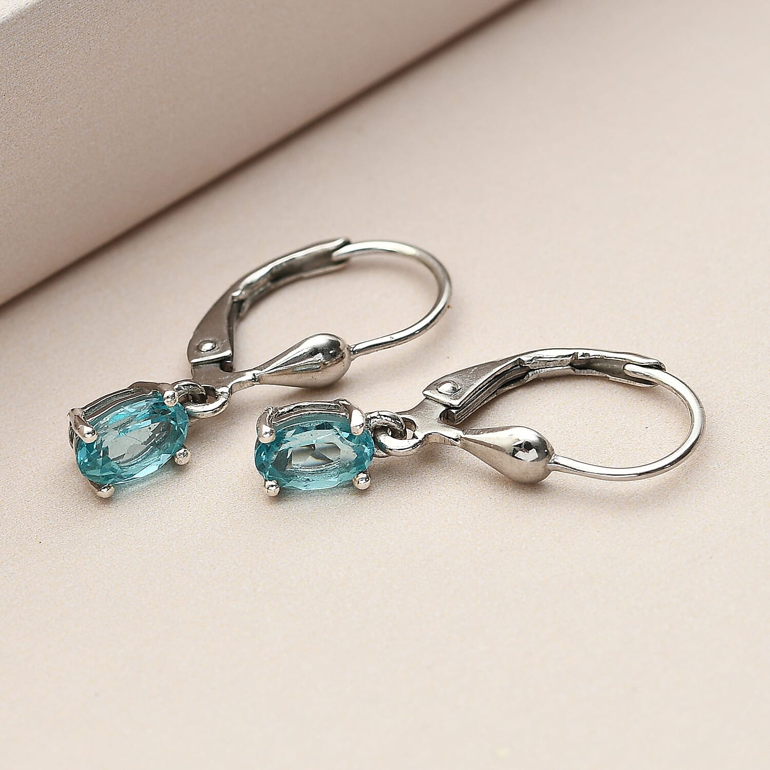 Blue Apatite Lever Back Earrings in Platinum Overlay Sterling Silver 1.00 Ct.