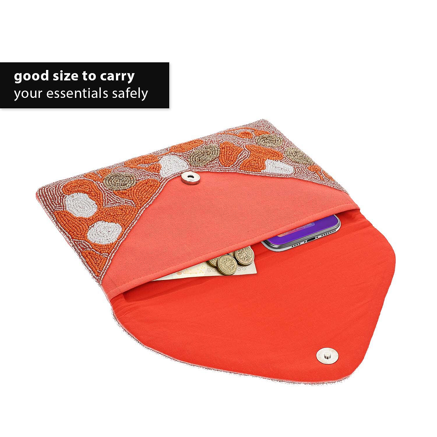 Hand embroidered Beaded Pattern Crossbody Clutch Bag with Shoulder Strap (Size 25x16 Cm) - Orange