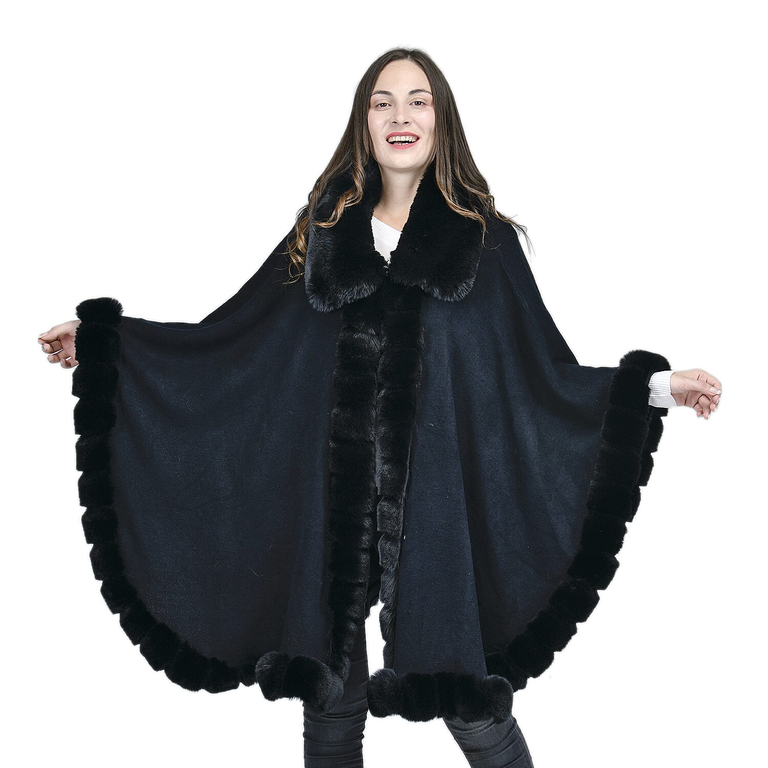 LA MAREY Faux Fur Trim Poncho (One Size) -  Black