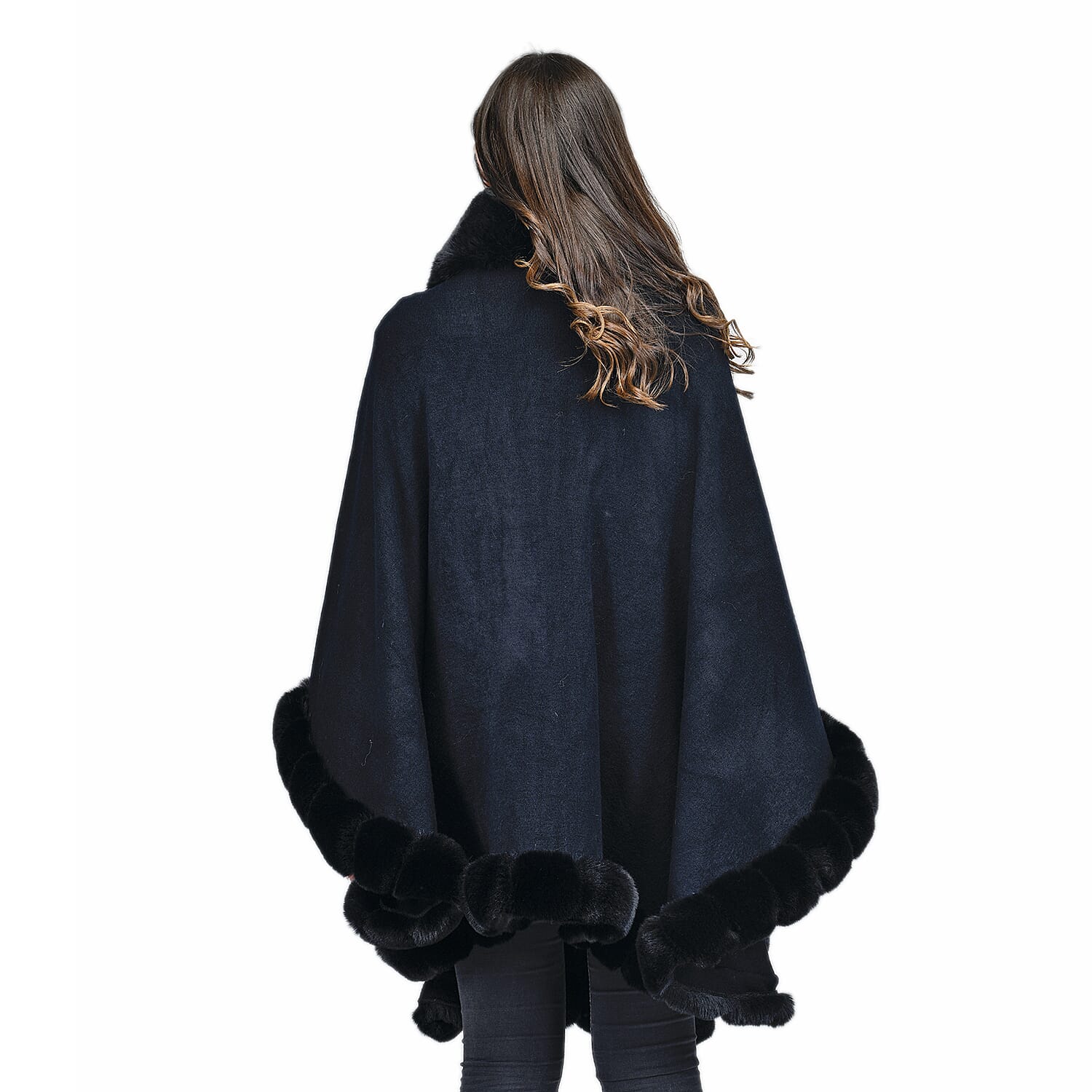 LA MAREY Faux Fur Trim Poncho (One Size) -  Black
