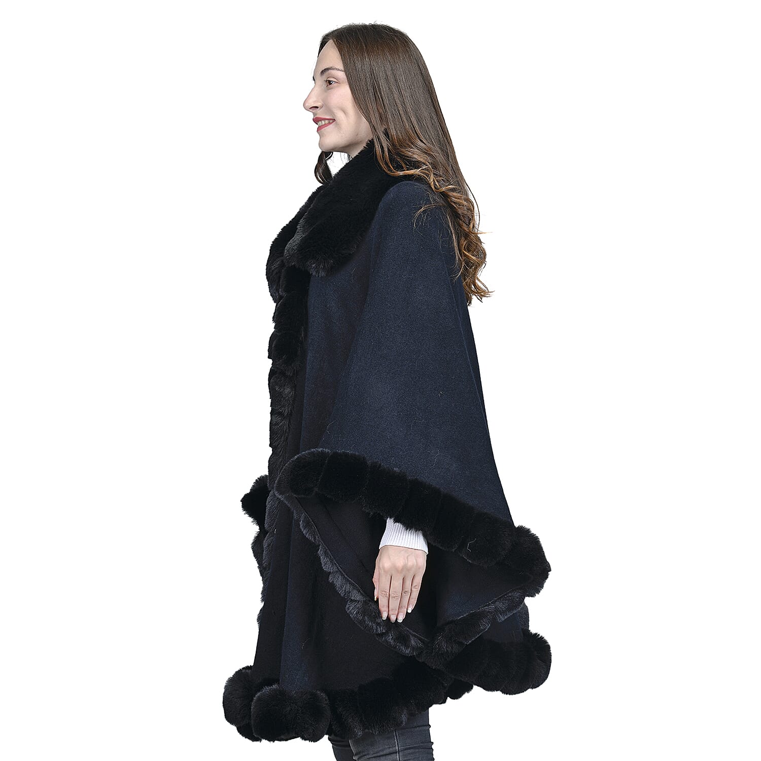 LA MAREY Faux Fur Trim Poncho (One Size) -  Black