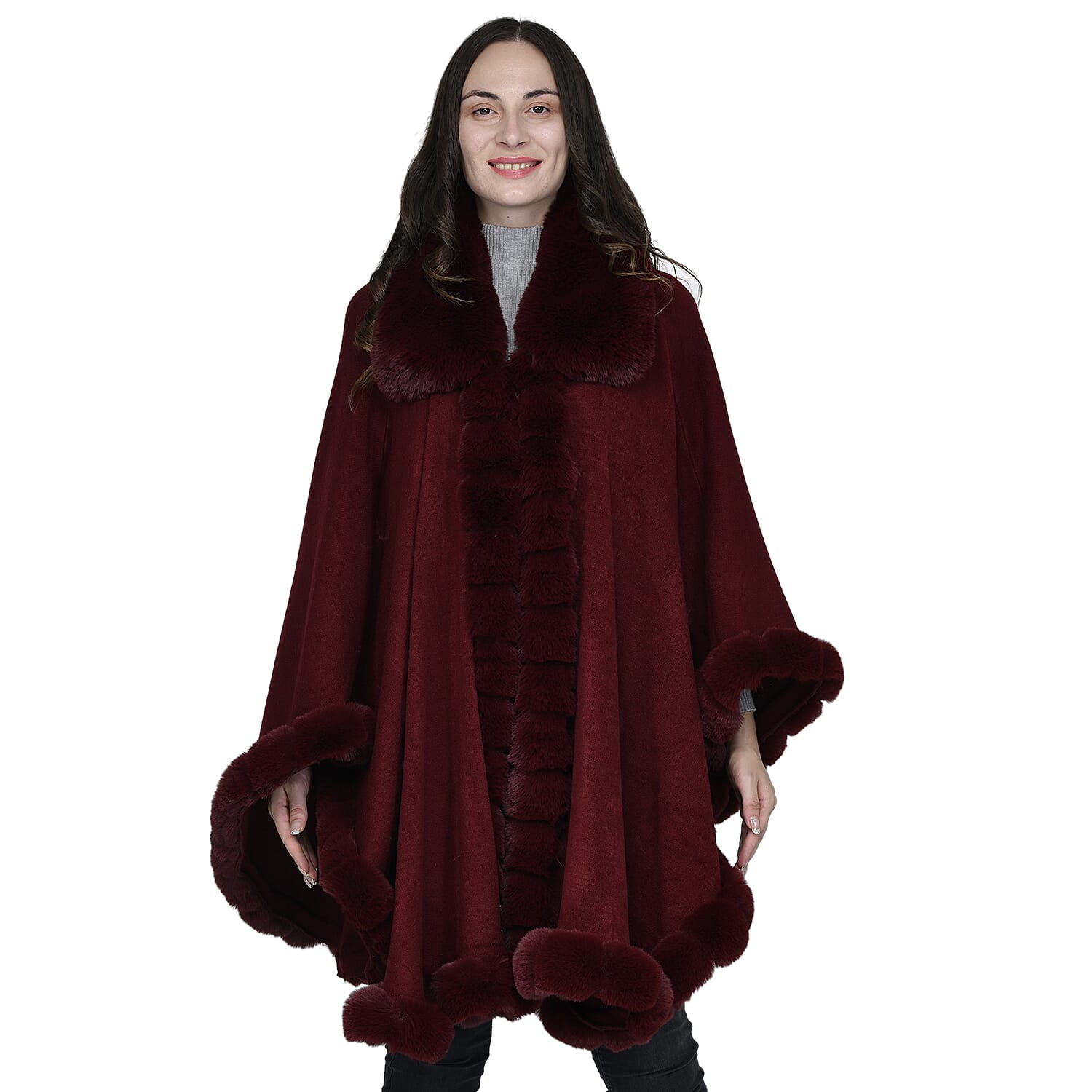 LA MAREY Faux Fur Trim Poncho (One Size) - Burgundy