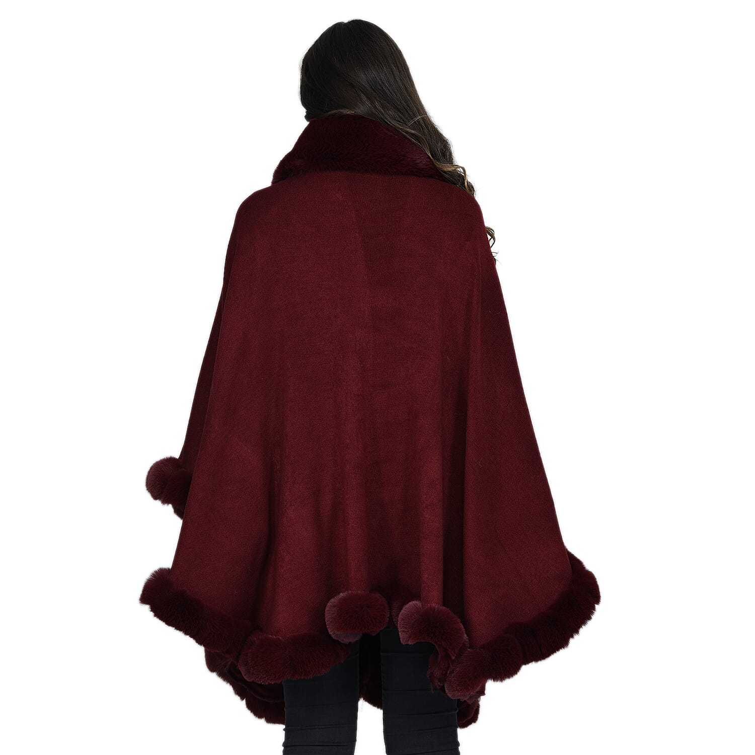 LA MAREY Faux Fur Trim Poncho (One Size) - Burgundy