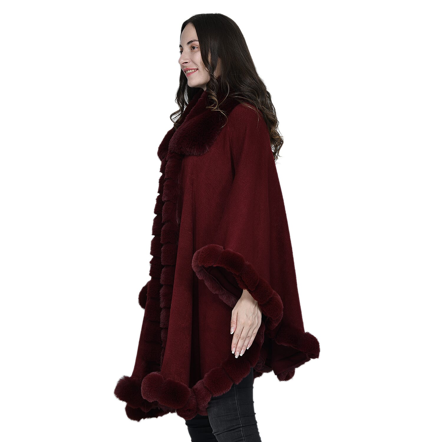 LA MAREY Faux Fur Trim Poncho (One Size) - Burgundy