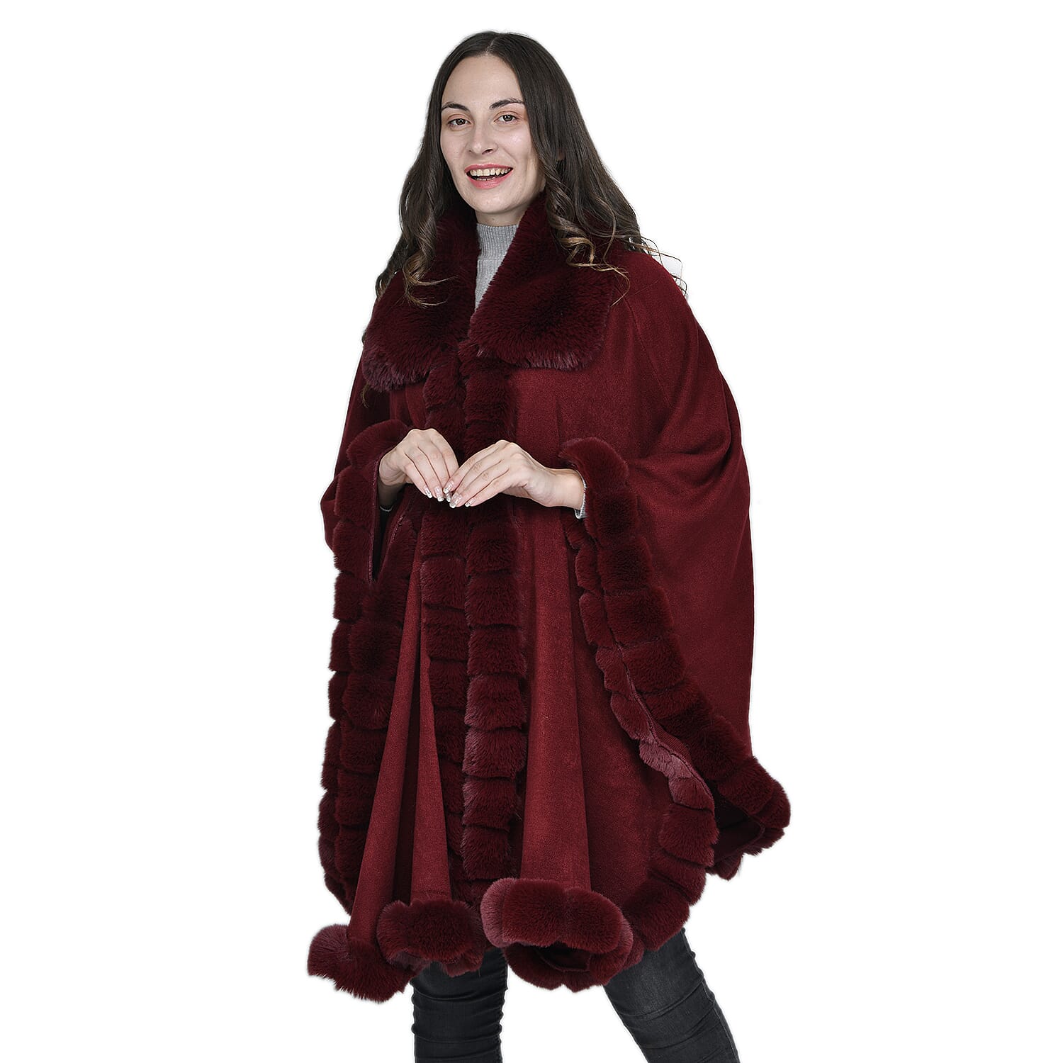 LA MAREY Faux Fur Trim Poncho (One Size) - Burgundy