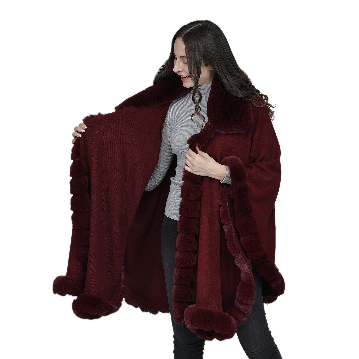 LA MAREY Faux Fur Trim Poncho (One Size) - Burgundy
