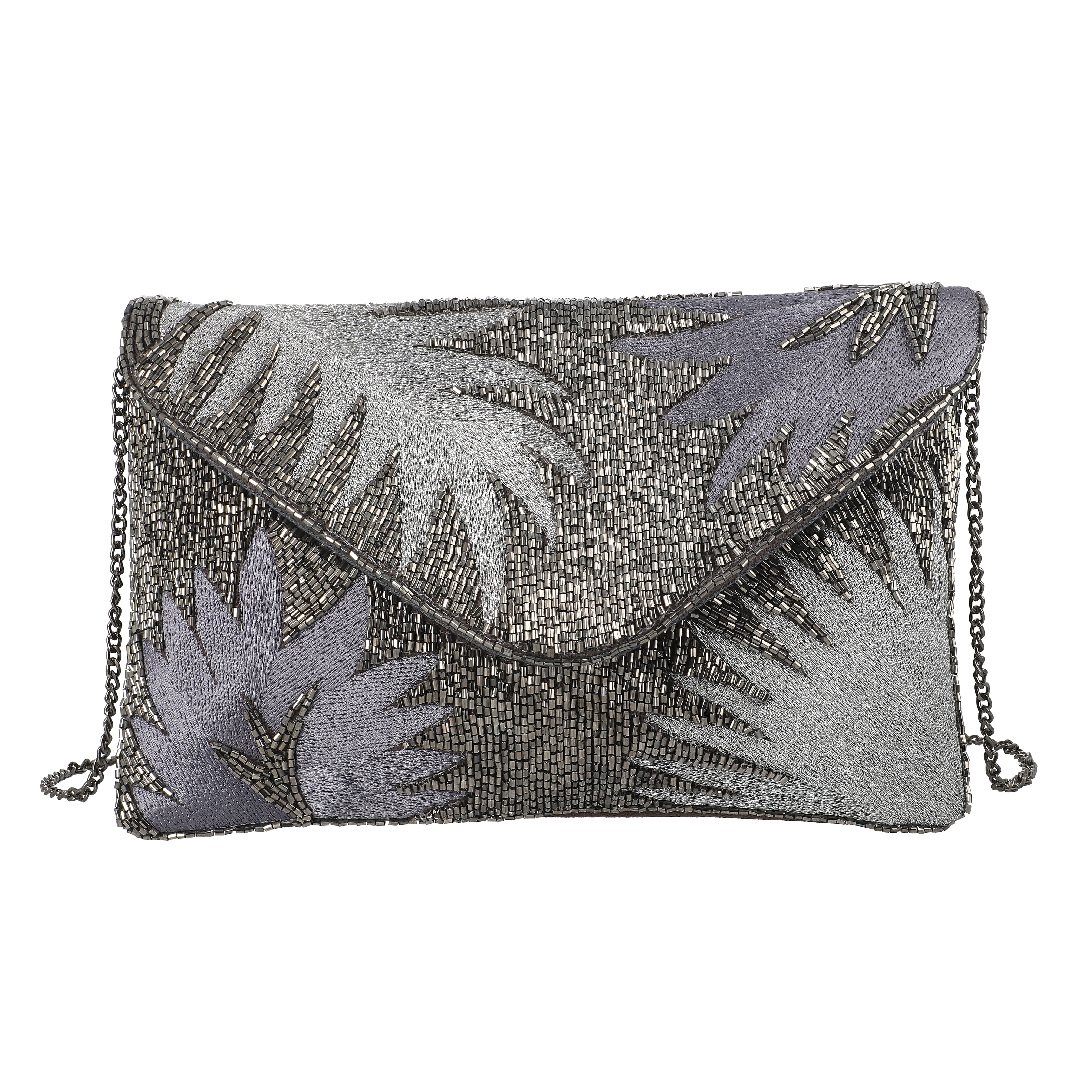Beaded Pattern Cross Body Clutch Bag with Shoulder Strap (Size 25x16 Cm) - Grey