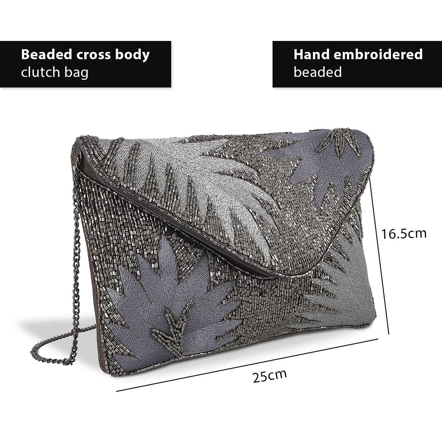 Beaded Pattern Cross Body Clutch Bag with Shoulder Strap (Size 25x16 Cm) - Grey