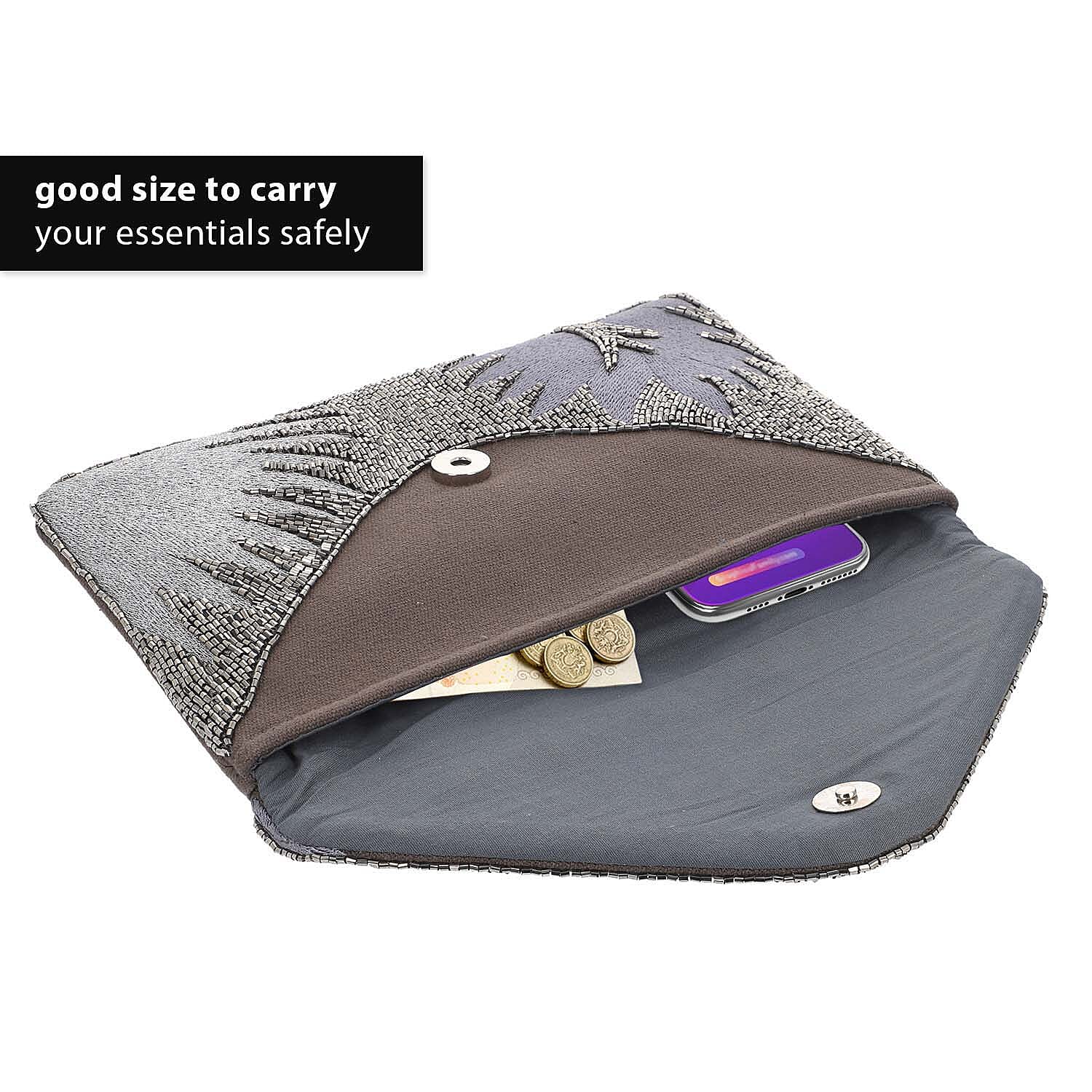 Beaded Pattern Cross Body Clutch Bag with Shoulder Strap (Size 25x16 Cm) - Grey