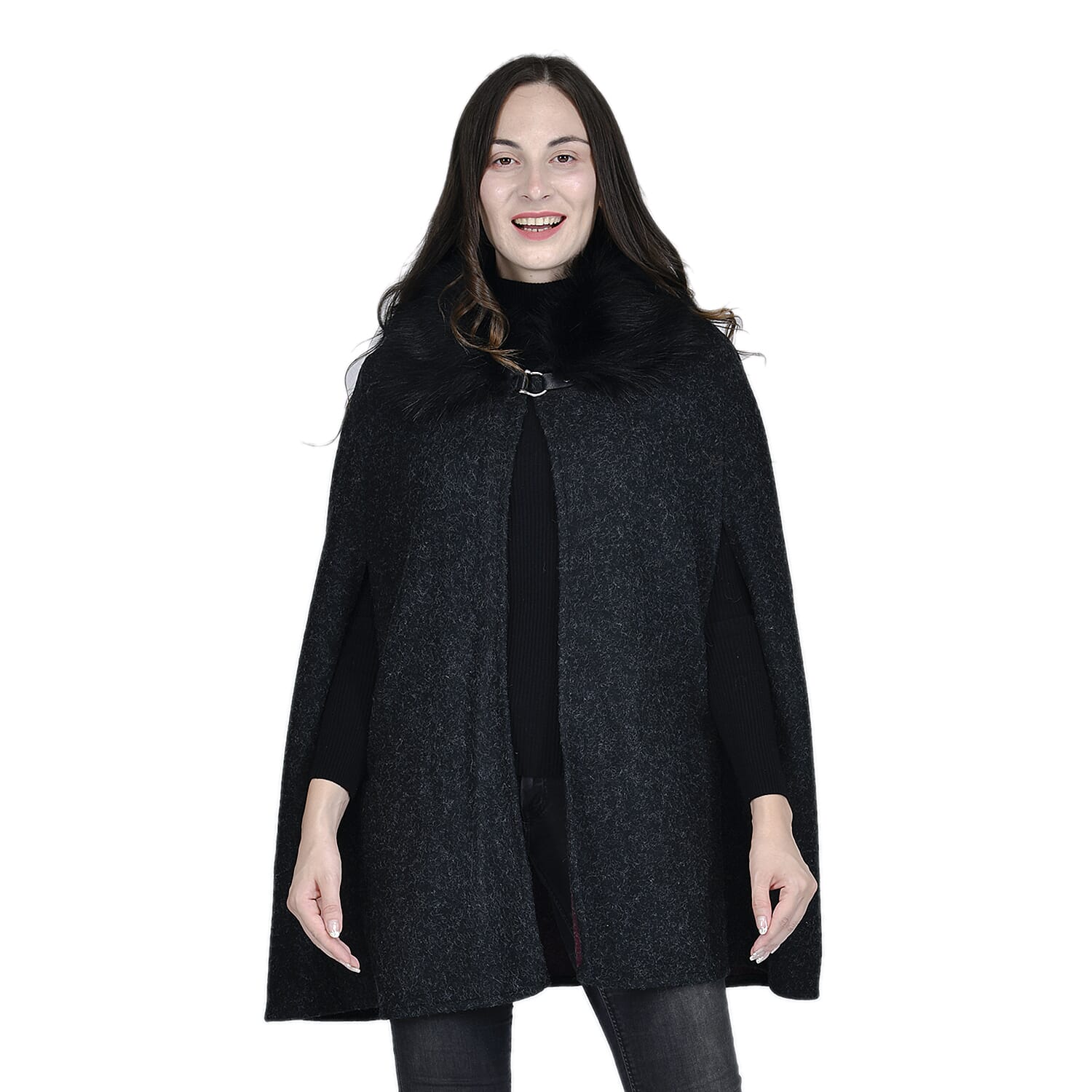 TAMSY Faux Fur Collar Cape (Size 130x75 Cm) - Black