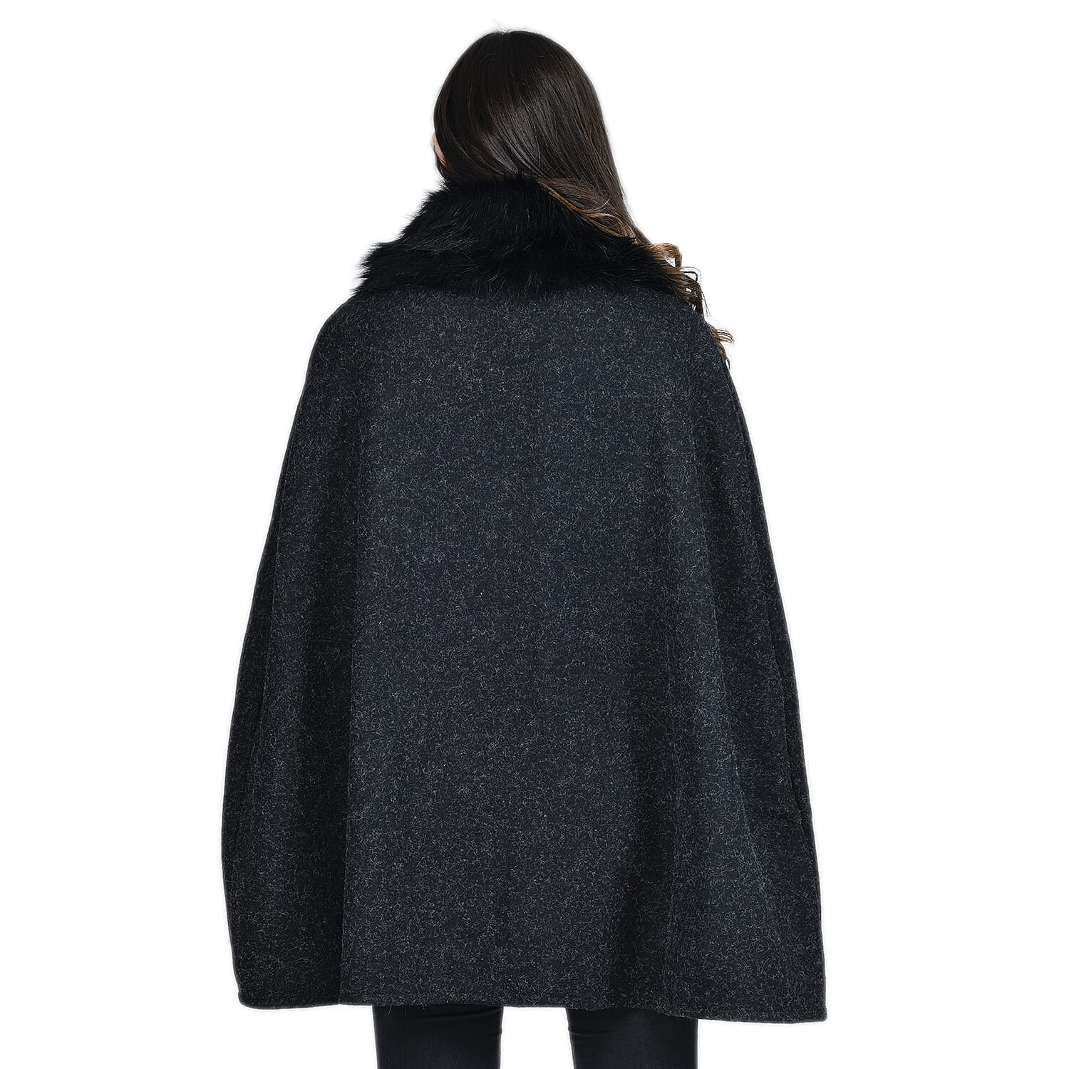 TAMSY Faux Fur Collar Cape (Size 130x75 Cm) - Black