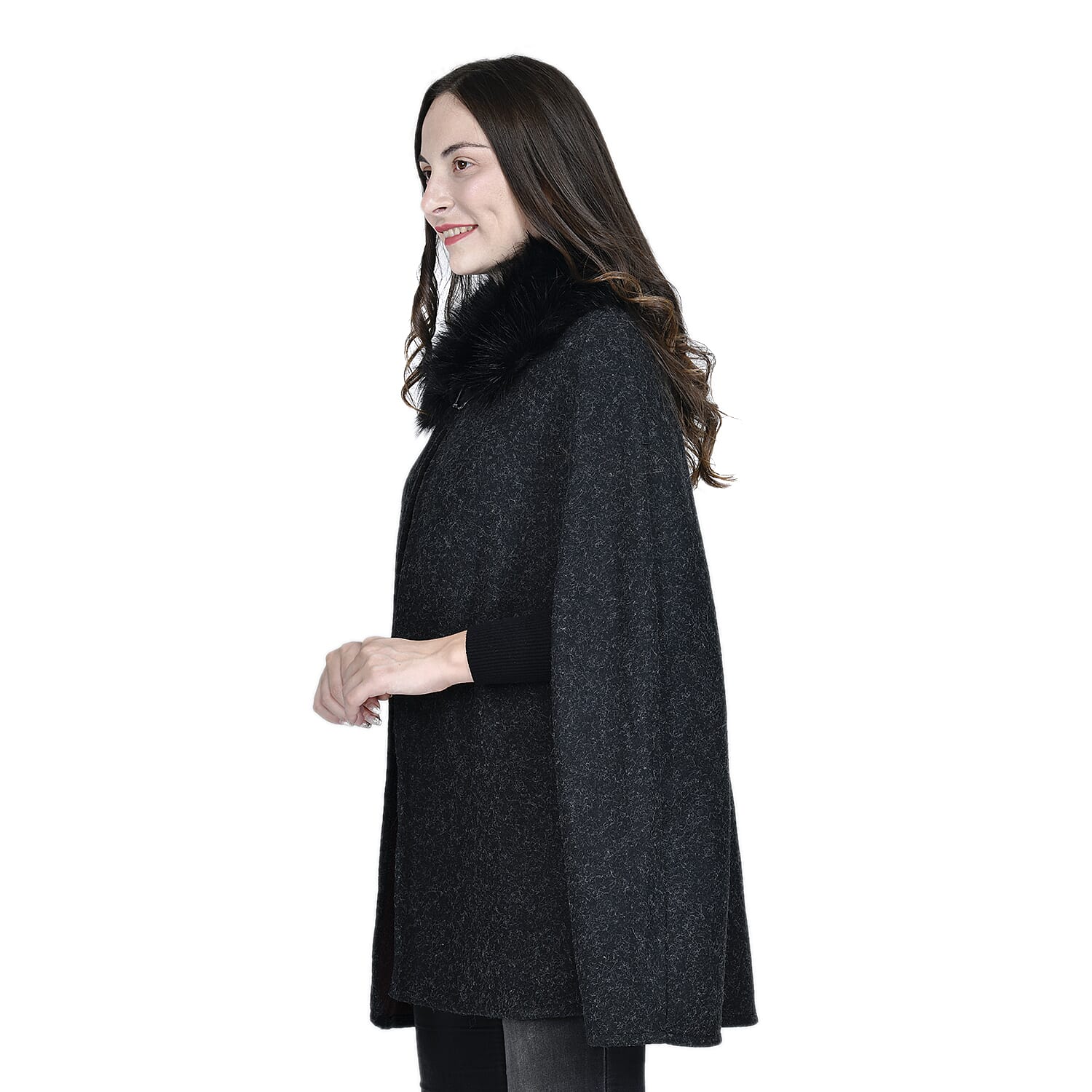 TAMSY Faux Fur Collar Cape (Size 130x75 Cm) - Black