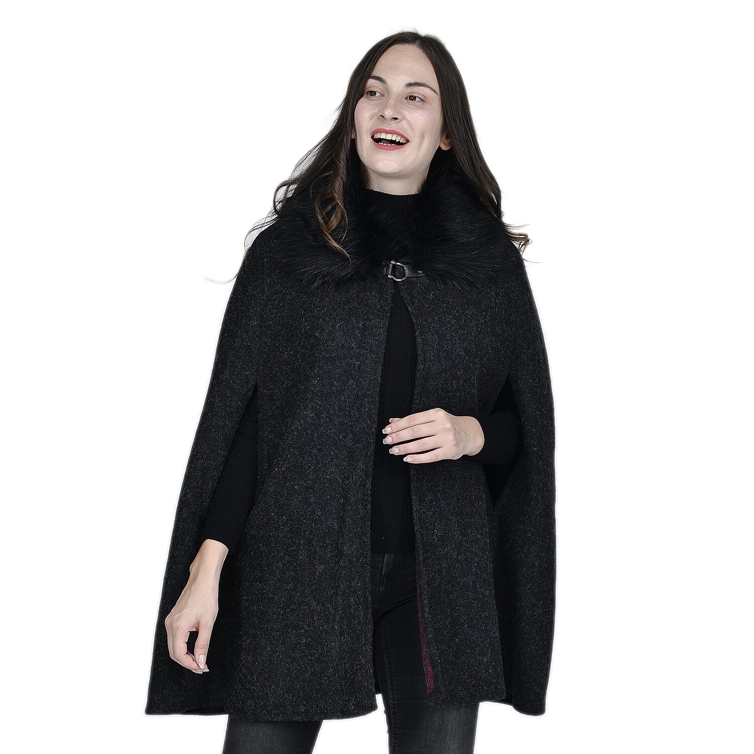 TAMSY Faux Fur Collar Cape (Size 130x75 Cm) - Black